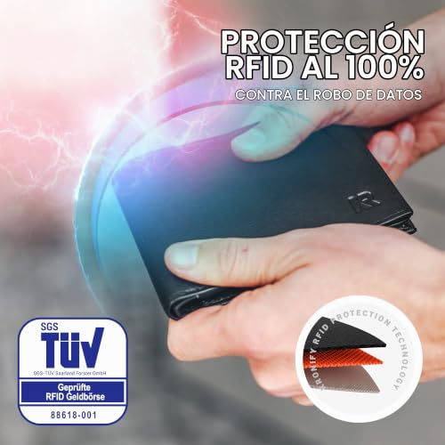 Detalle de KRONIFY cartera de piel auténtica Nappa negra con protección RFID y 13 compartimentos