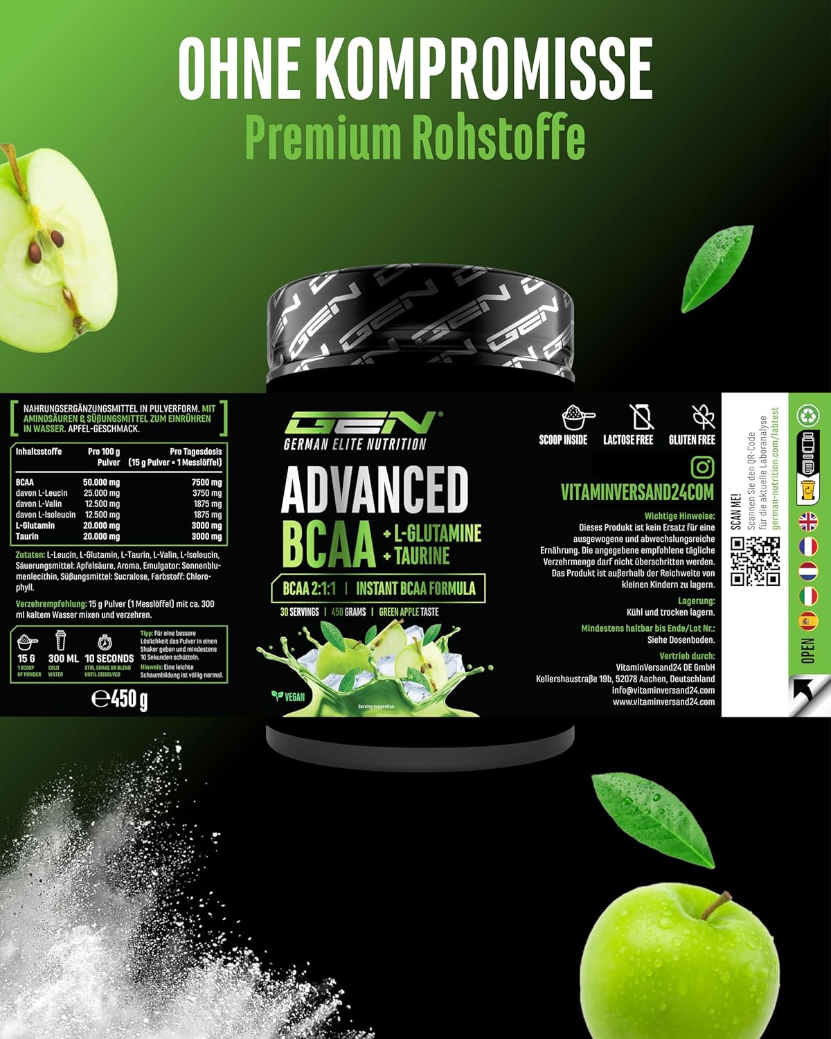 Thumbnail 4 de Advanced BCAA Pulver 450 g – 2:1:1 Aminosäuren mit L-Glutamin & Taurin, Sweet Apple