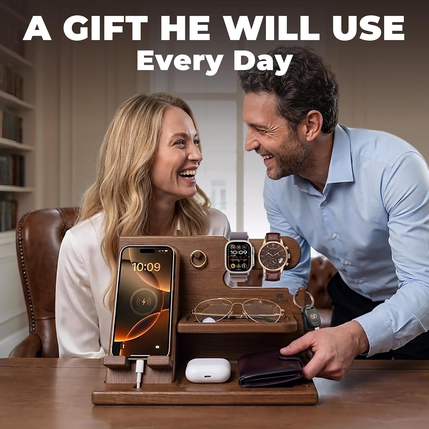 Thumbnail 4 de Teslyar Gifts for Men Solid Ash Wood Phone Docking Station with Key Holder, Wallet & Watch Stand (Light Brown)