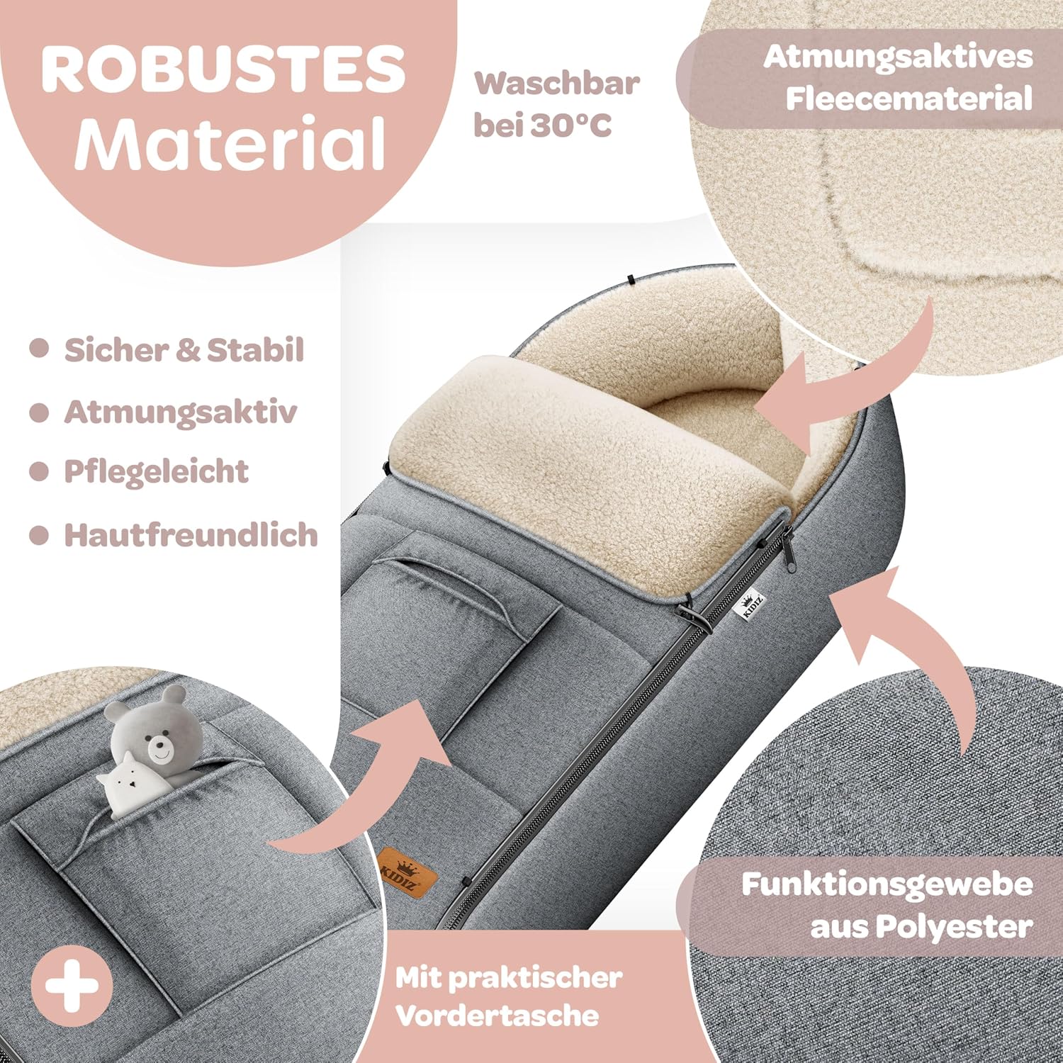 Detalle de Kidiz Babyfußsack Winter für Babyschale & Kinderwagen (Jeans Grau) mit Reißverschluss und verschließbarem Kopfteil