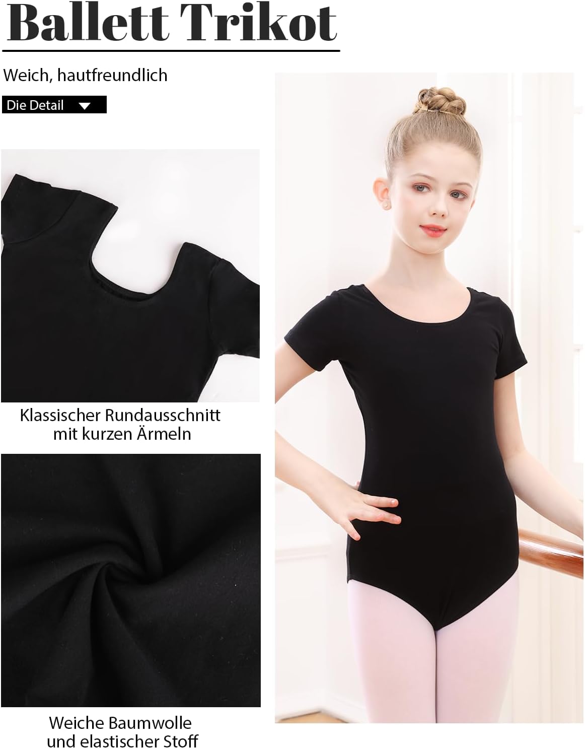 Thumbnail 2 de Kefiyis body danza classica bambina in cotone con manica corta, taglie 110–170