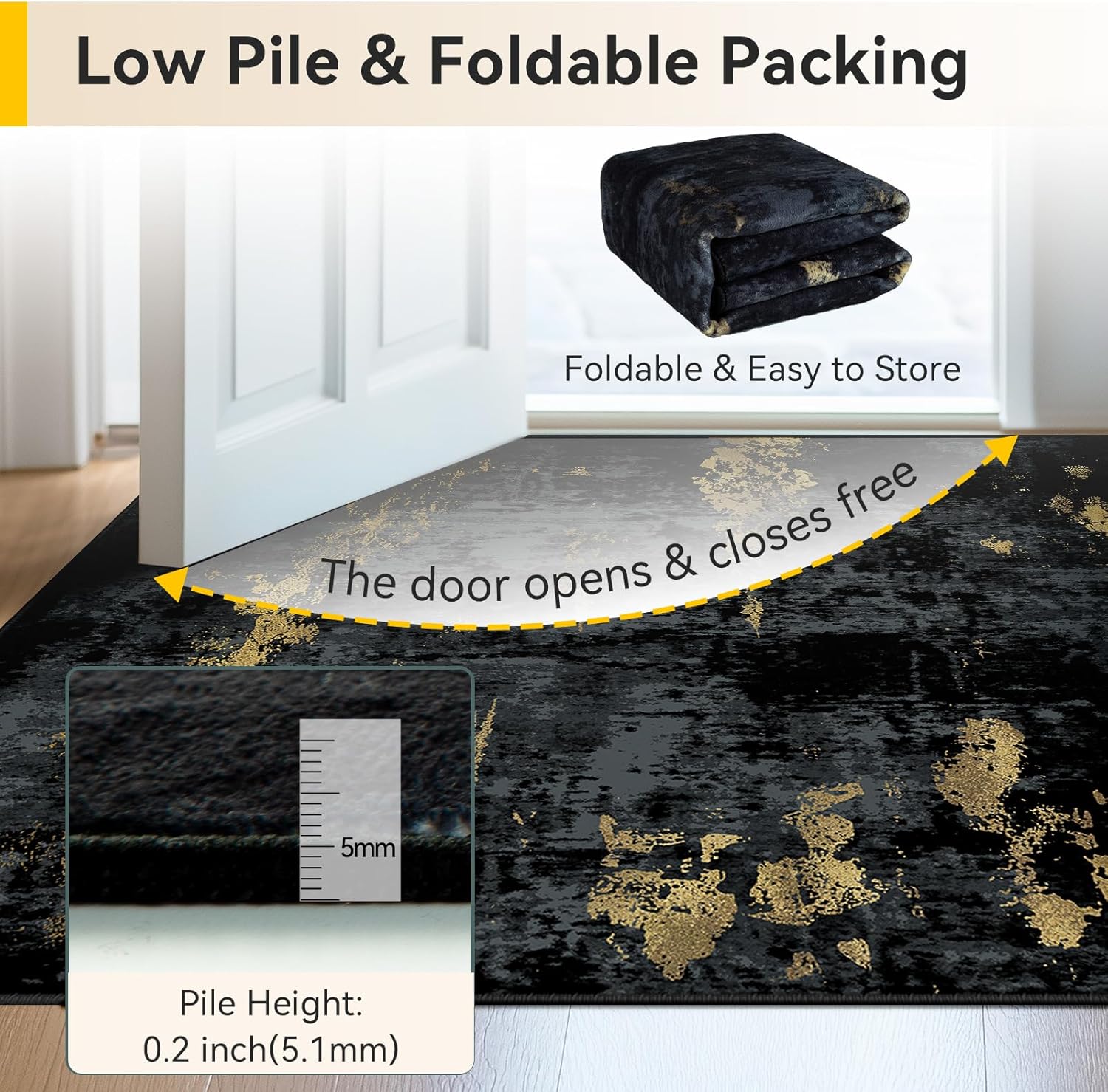 Thumbnail 5 de RELEANY Washable 8'x10' Non-Slip Modern Abstract Area Rug - Dark Black Gold