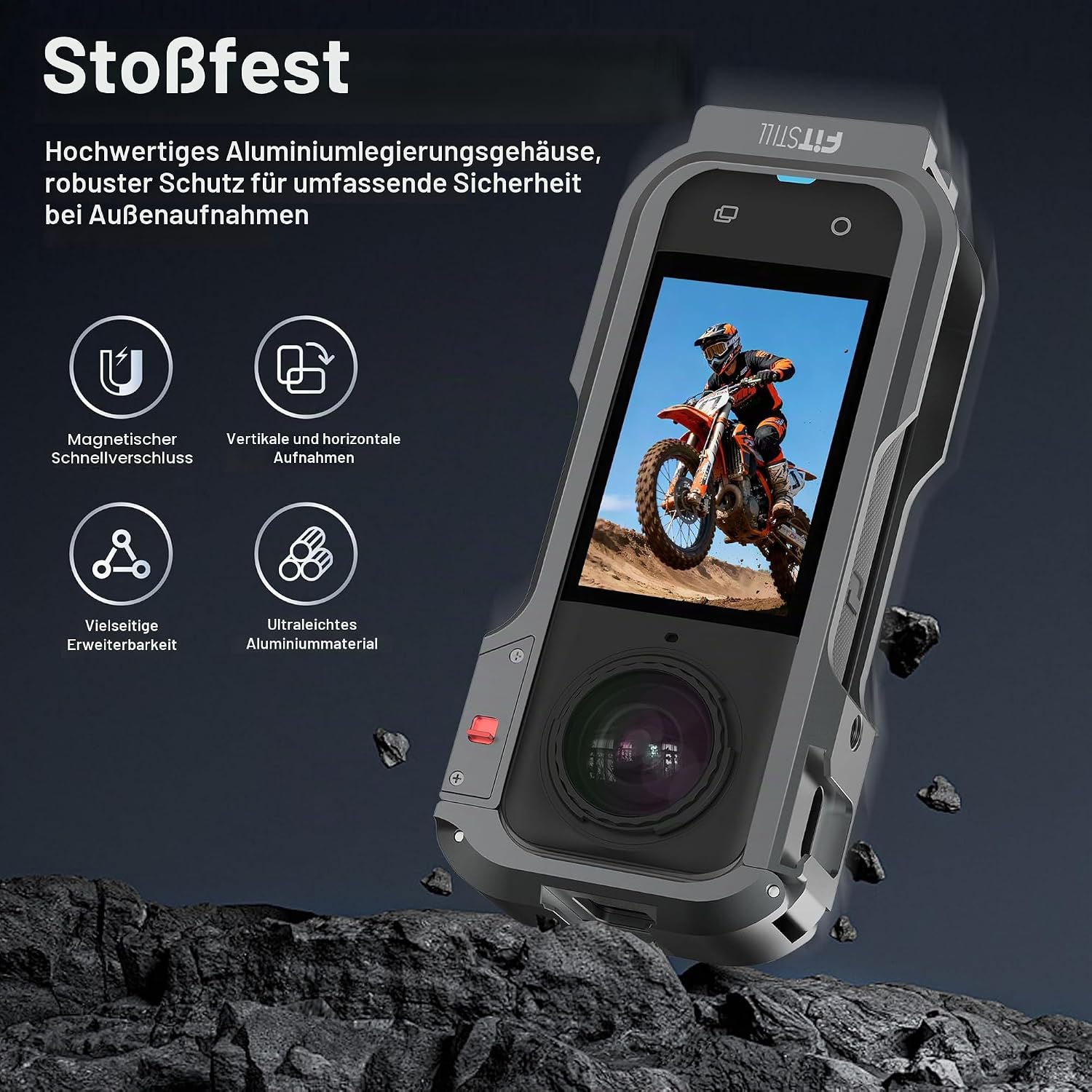Detalle de FitStill Schutzhülle für Insta 360 X5 – Aluminium Schutzrahmen + Silikon-Linsenabdeckung