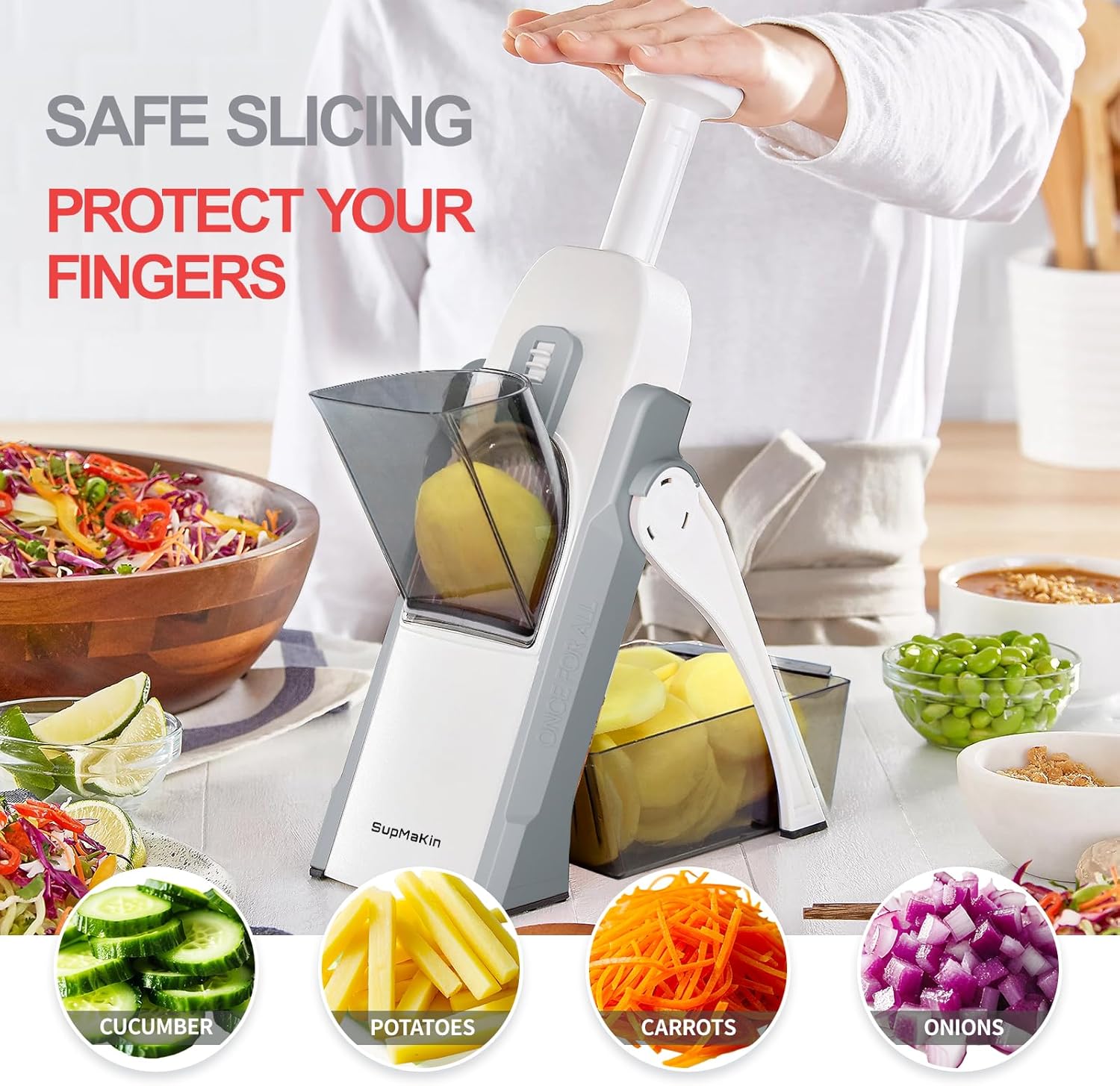 Thumbnail 1 de SupMaKin mandoline manuelle de Cuisine Safety Slicer (gris) — découpe légumes réglable