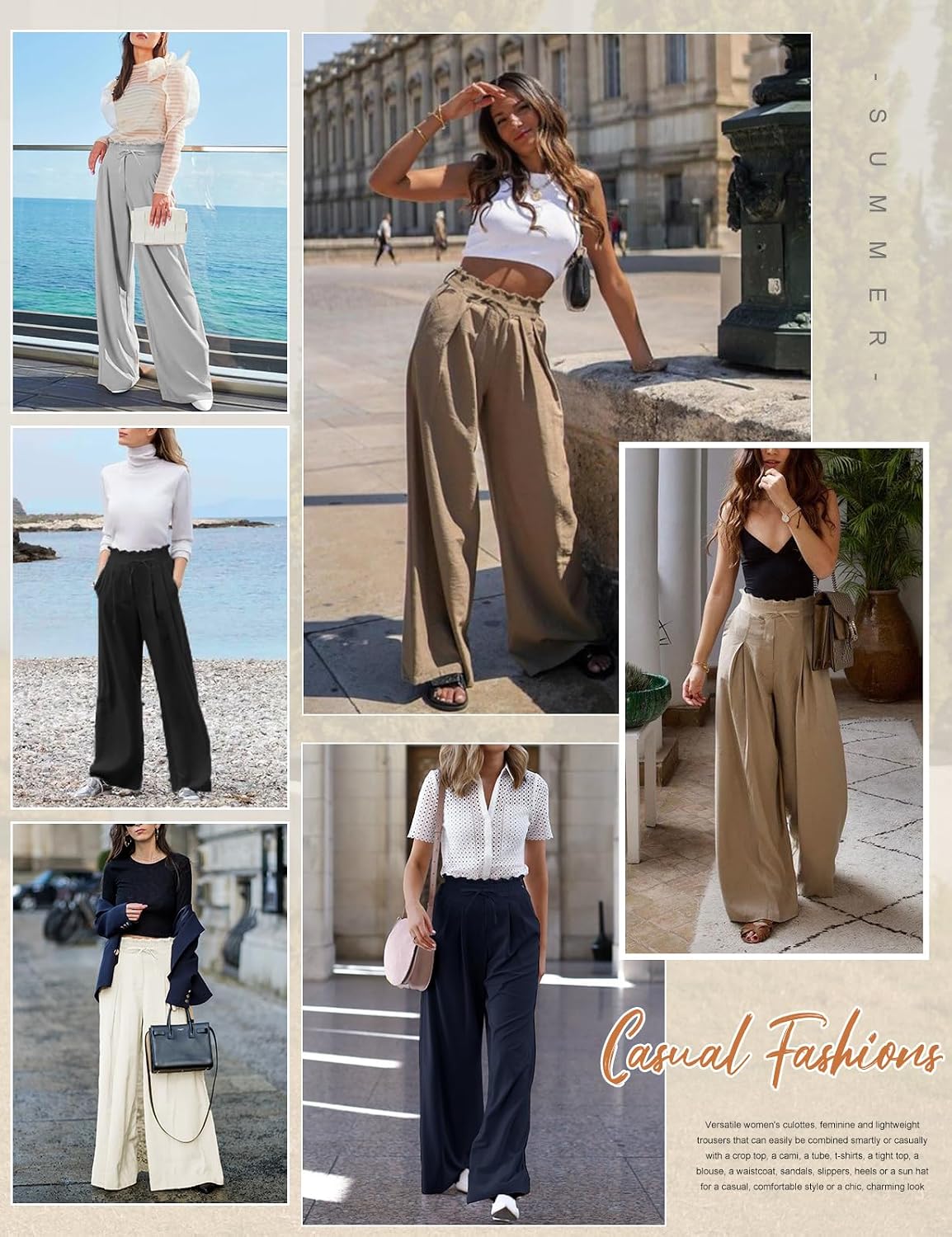 Thumbnail 6 de CMTOP Pantalon femme fluide d’été à taille haute élastique, jambes larges et poches