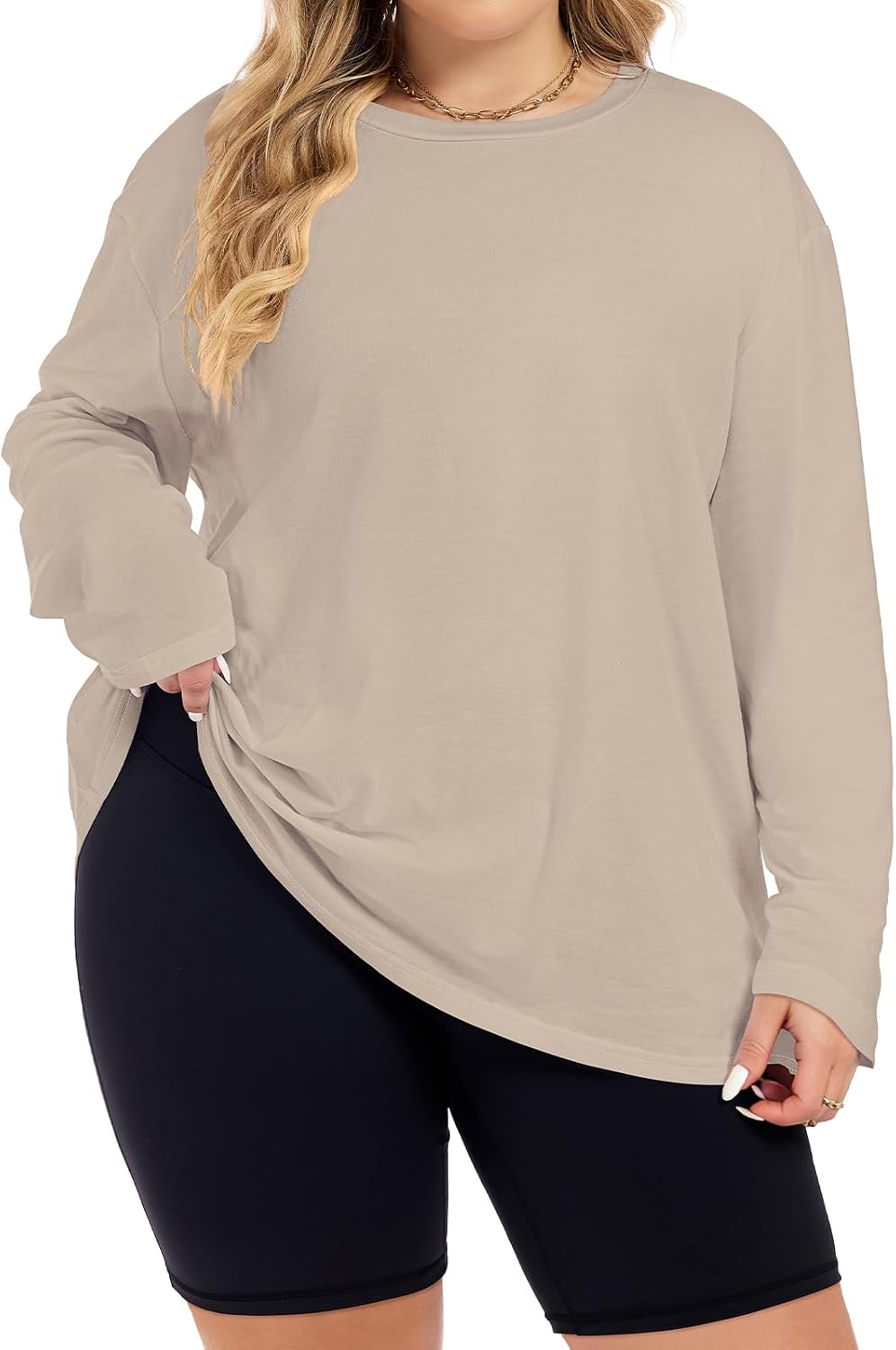 Detalle de CHICALLURE Plus-Size Long-Sleeve Top with Crew Neck and Oversized Fit