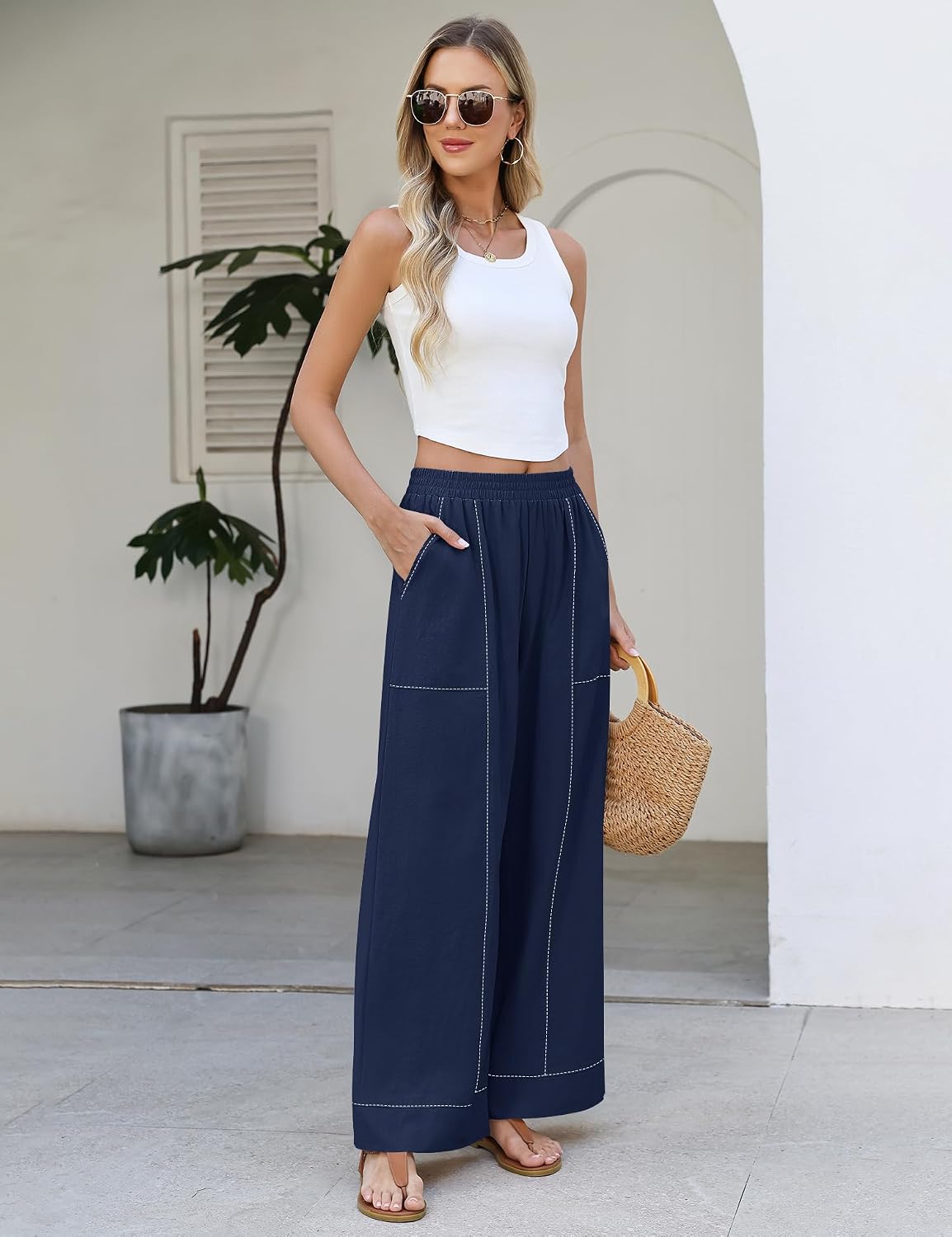 Thumbnail 4 de Rapbin Women's Elastic Waist Palazzo Pants: Casual Wide-Leg Lounge Trousers with Pockets