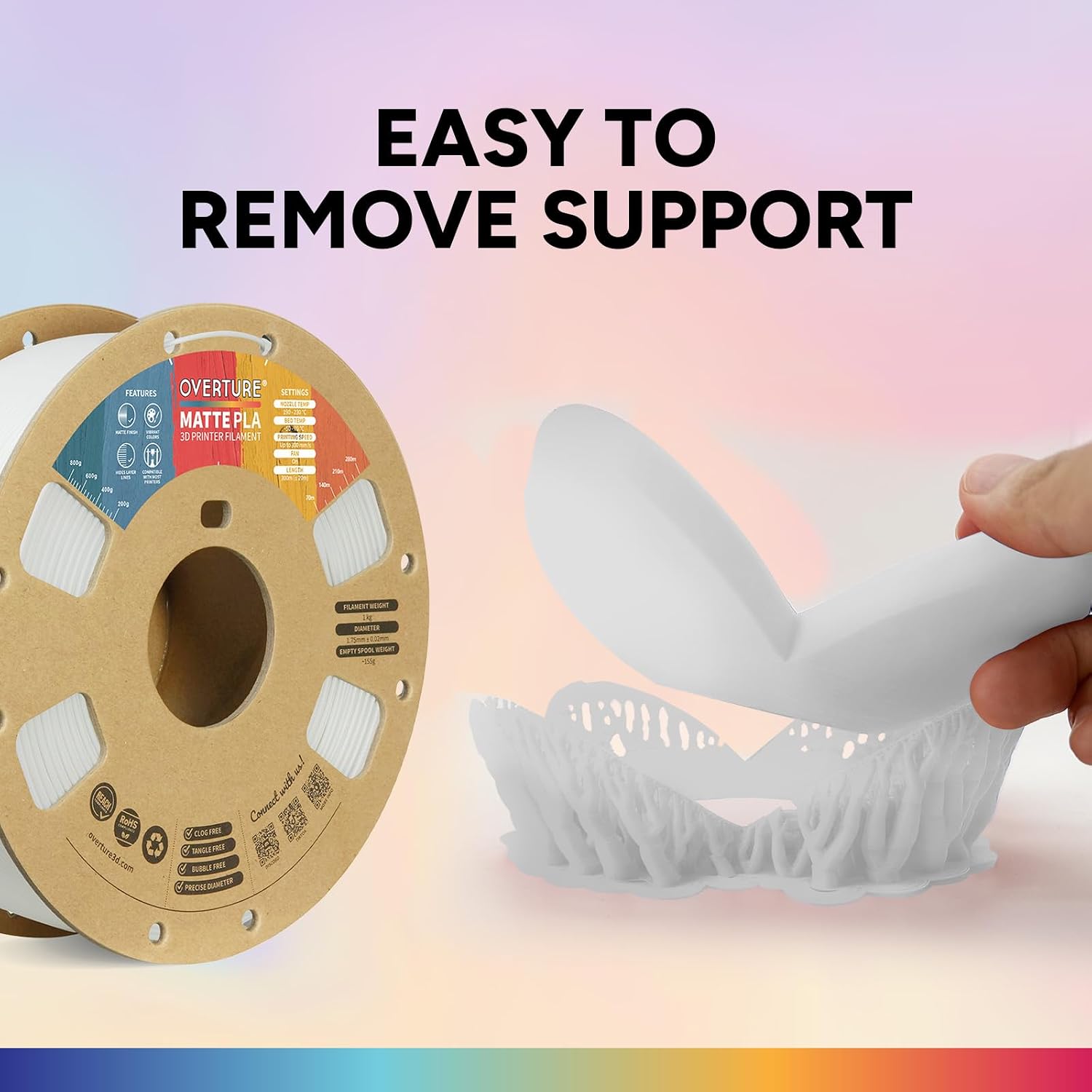 Thumbnail 3 de OVERTURE Matte PLA Filament 1.75mm 1kg – Matte White, Cardboard Spool, 0.02mm Tolerance