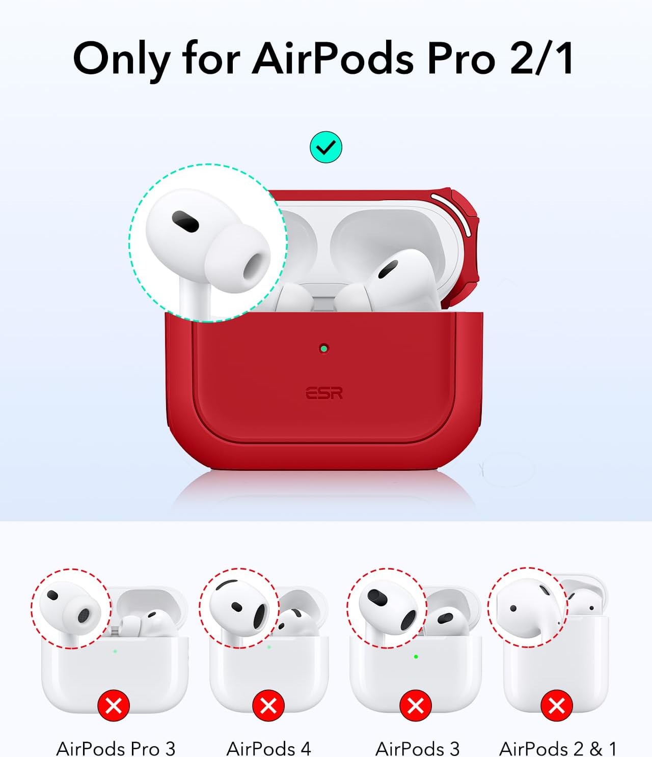 Detalle de Coque ESR pour AirPods Pro 2/1 – Protection hybride avec MagSafe et sangle, Rouge