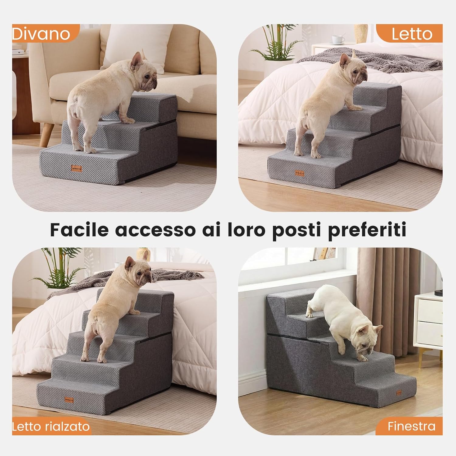 Detalle de Gardner Pet Scala per Cani Piccola taglia a 3 gradini in schiuma 35D, rivestimento impermeabile e antiscivolo – Grigio