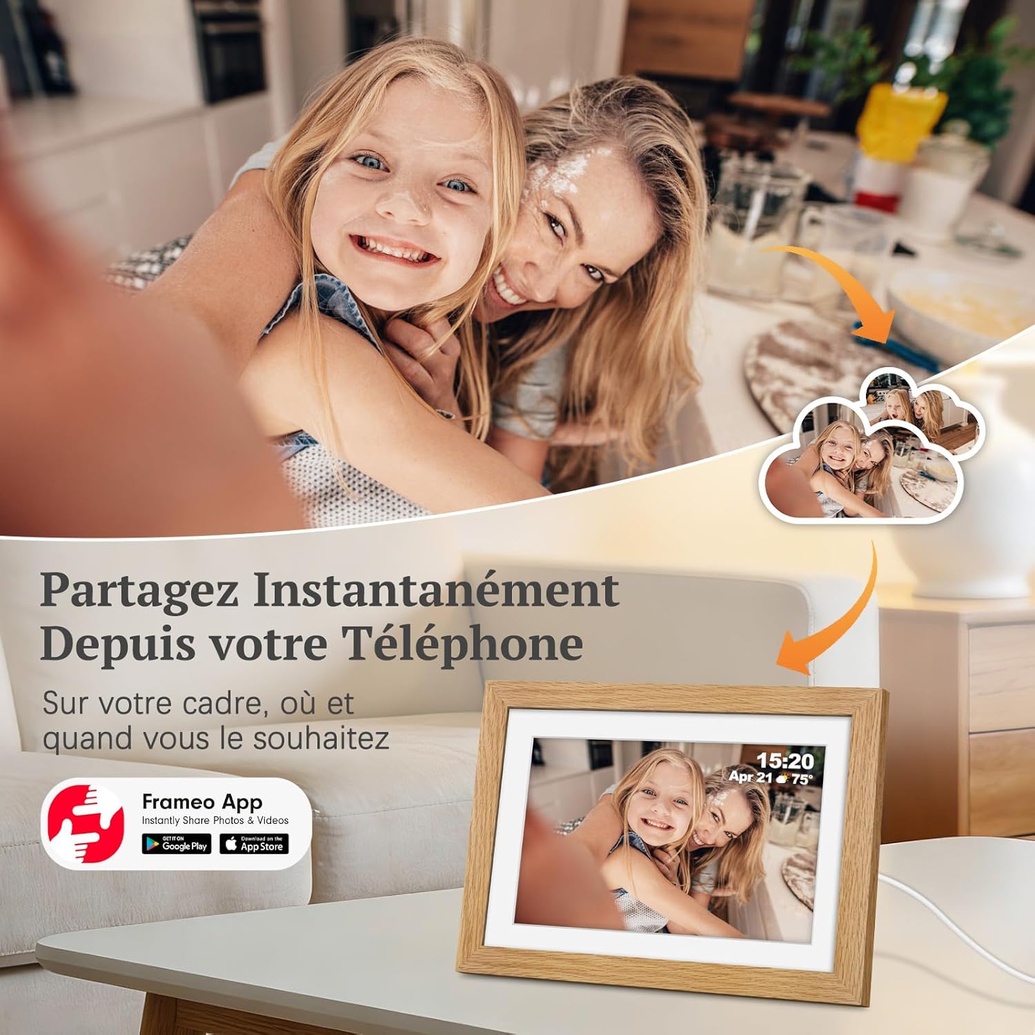 Thumbnail 2 de Cadre photo numérique WiFi en bois de chêne 10,1 pouces — stockage 32 Go, écran tactile IPS et app Frameo