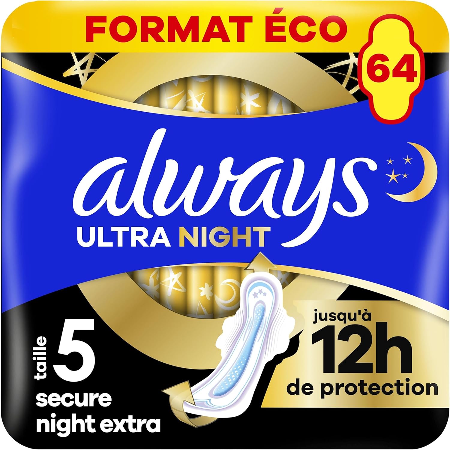 Detalle de Always Ultra Serviettes Hygiéniques Taille 5 Extra Secure Night, 64 unités - Absorption renforcée et confort premium
