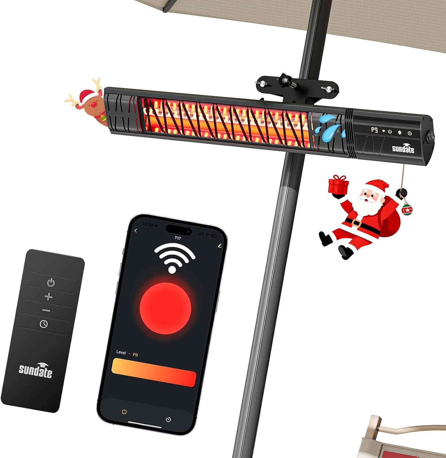 Detalle de Sundate T17-GW15B Outdoor Patio Heater, 1500W Carbon Fiber, Wi-Fi Control