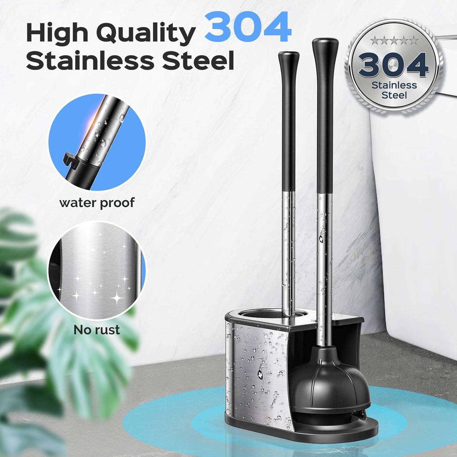 Thumbnail 2 de HAMITOR Toilet Plunger and Brush Set (2-in-1) Stainless Steel Rustproof Combo