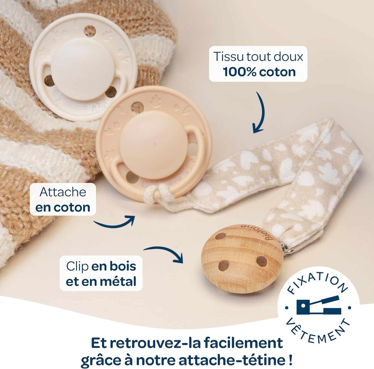 Thumbnail 5 de Biolane Lot de 2 sucettes rondes et Attache-tétine beige – 6 mois et plus
