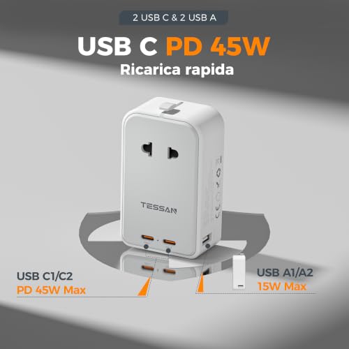 Detalle de TESSAN Adattatore Universale da Viaggio 5 in 1 con 2 USB-C PD 45W e 2 USB-A