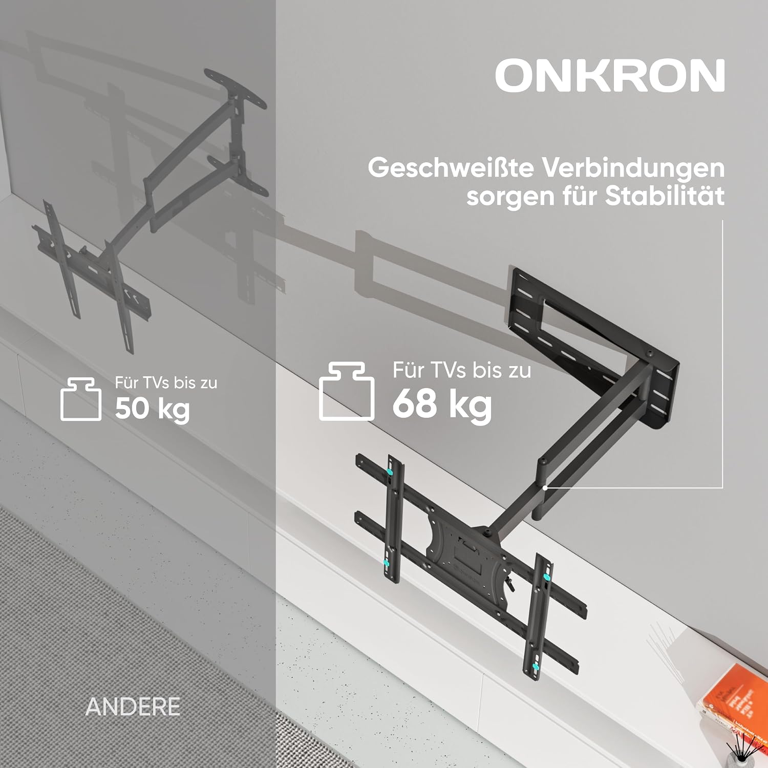 Detalle de ONKRON M7L-B TV-Wandhalterung schwenkbar für 40–75 Zoll – langer Arm, max. 68 kg, VESA 100x100 bis 600x400