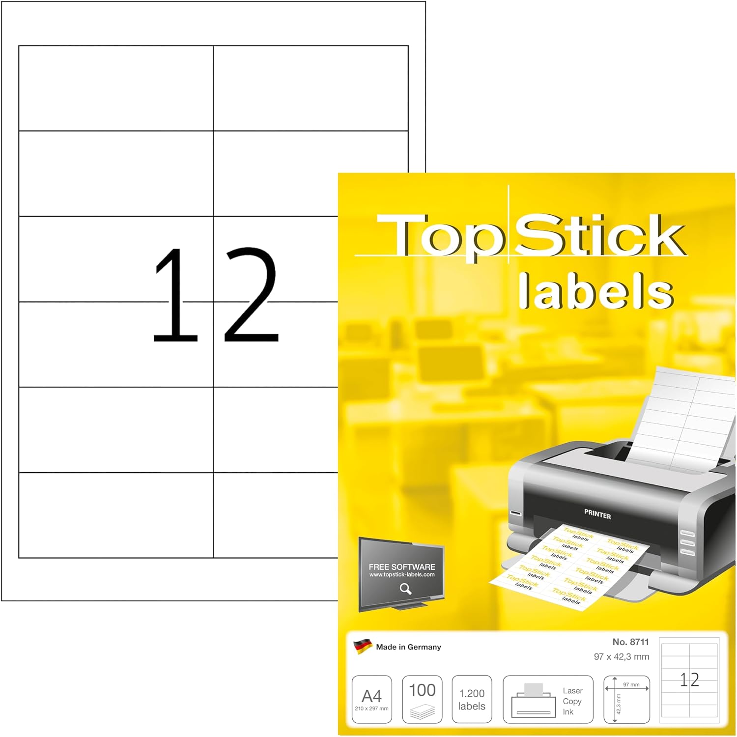 TopStick Etichette Multiuso Autoadesive 1200 Etichette A4 96,5 x 42,3 mm – Universali, Bianchi, Per Stampanti Laser e Inkjet