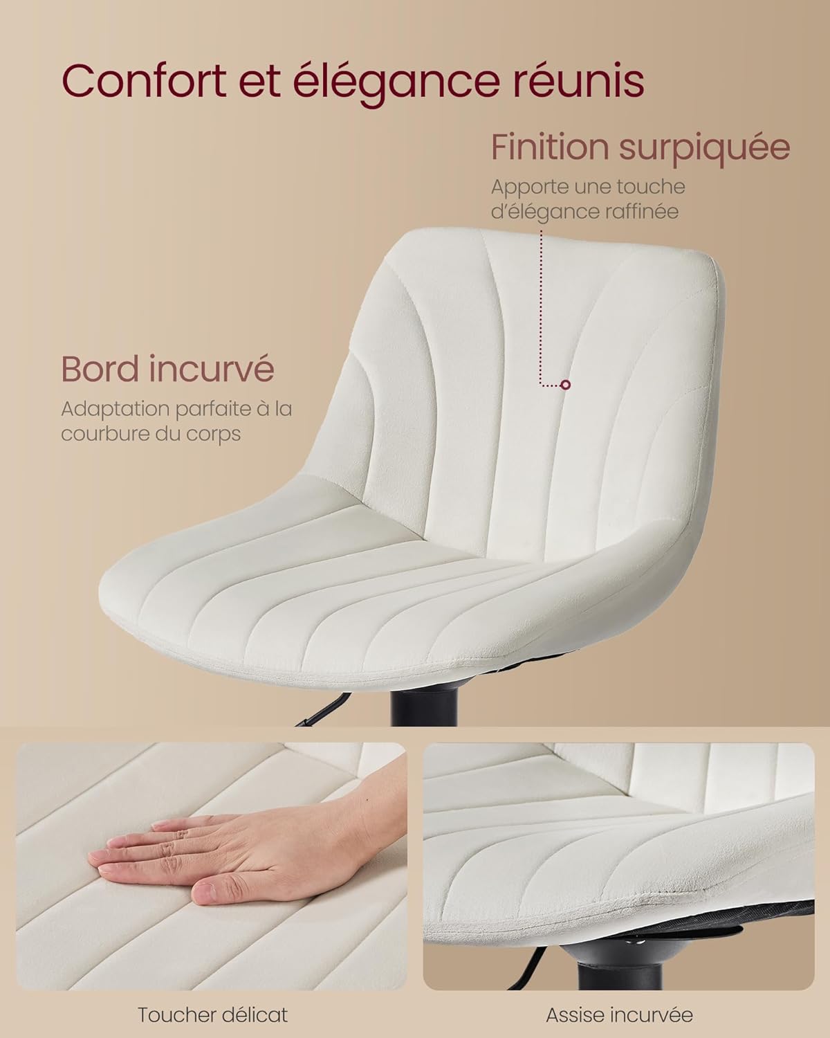 Thumbnail 5 de VASAGLE Tabourets de Bar avec Dossier – Hauteur Réglable, Rotation à 360°, Velours Blanc Crème (Lot de 2) LJB161WD01