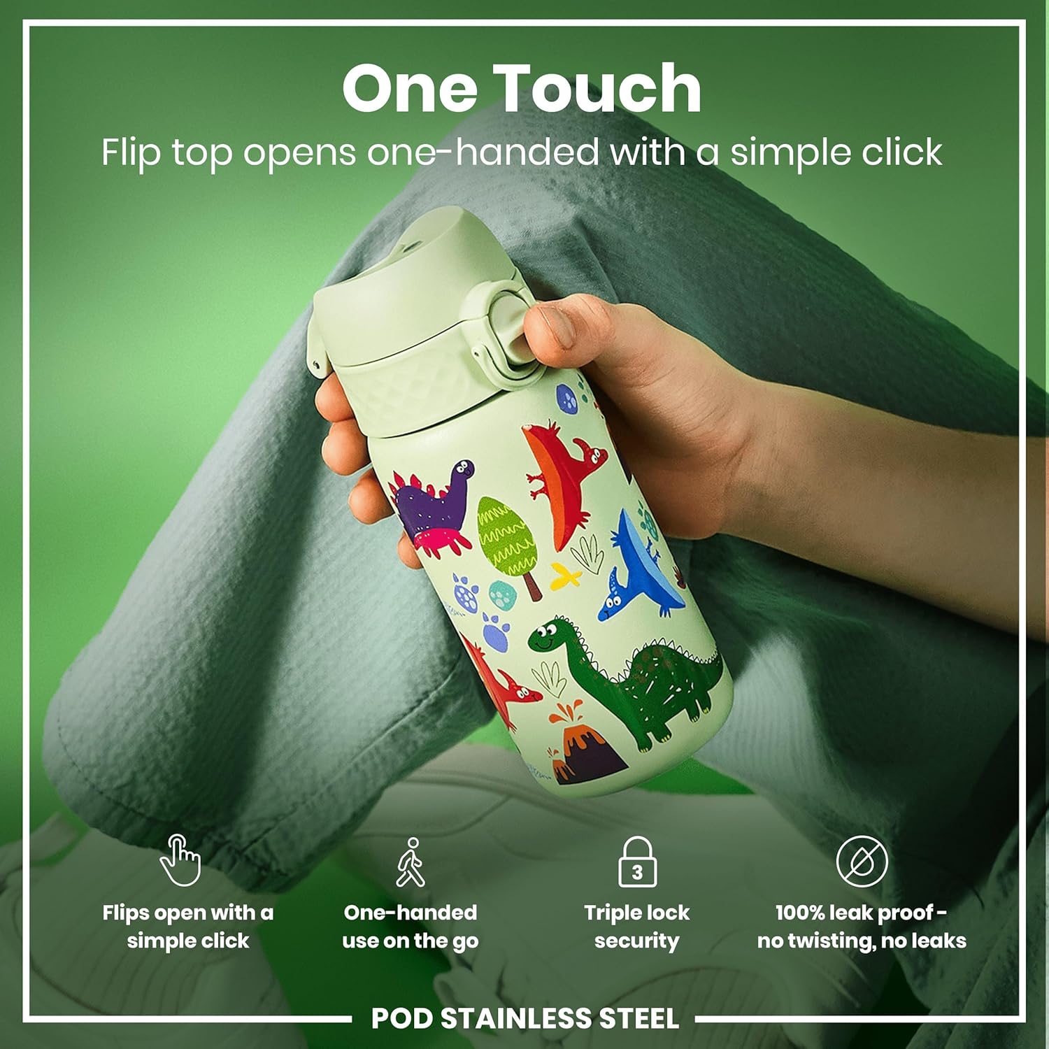 Thumbnail 2 de Ion8 Small Water Bottle (Green, Dinosaurs) – Leak-Proof, Dishwasher-Safe and Easy to Open