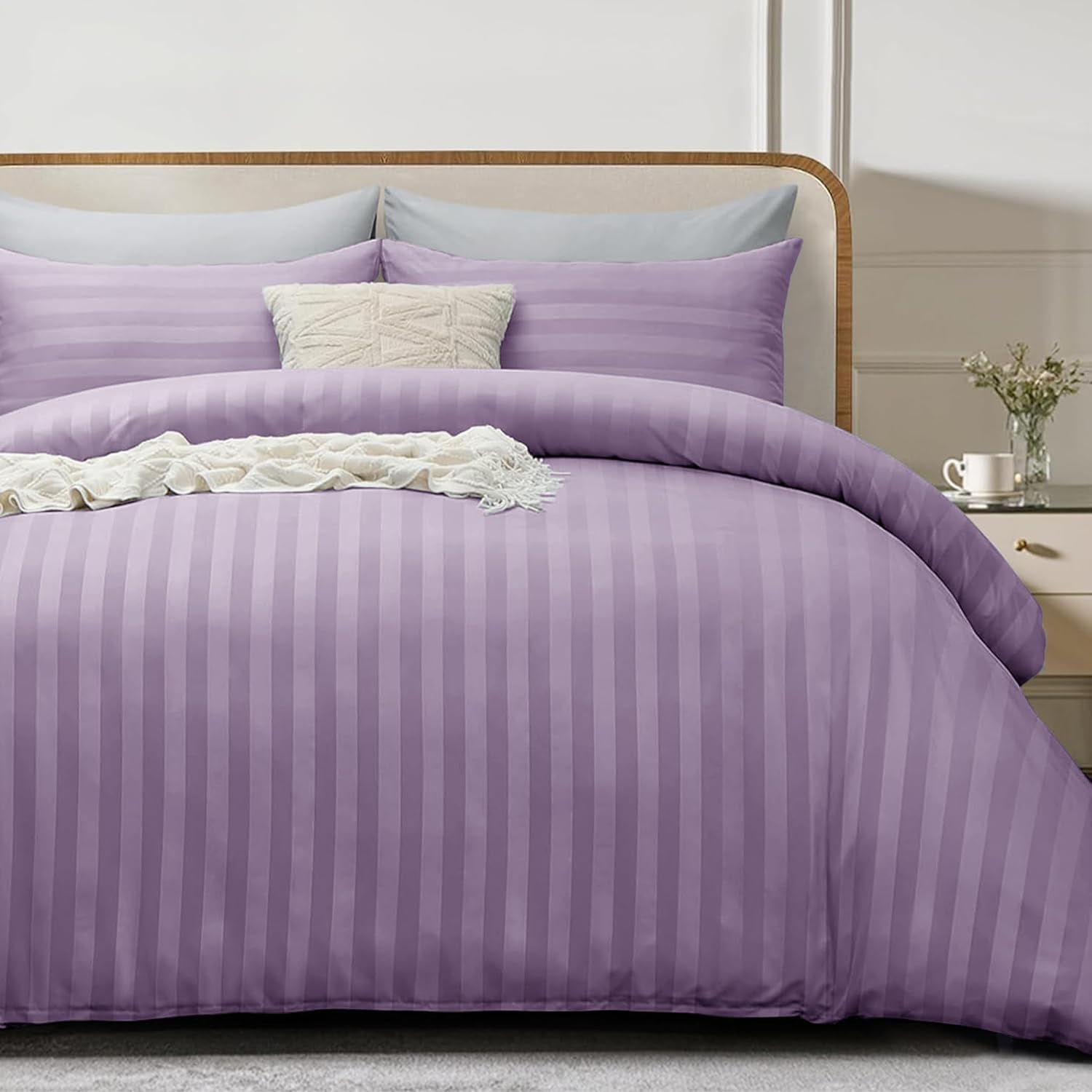 Thumbnail 1 de My home store Satin Stripe 4-Pcs Duvet Cover Set with Fitted Sheet (Lavender) – Double