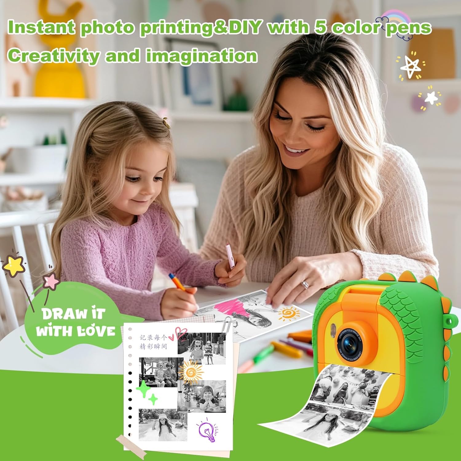 Thumbnail 4 de ARNSSIEN Kids Camera Instant Print with 180° Flip Lens (Green Dinosaur)