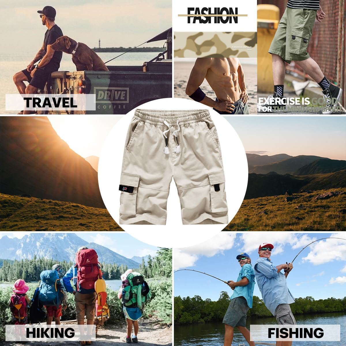 Thumbnail 6 de APTRO Men's Cargo Shorts with Elastic Waistband and Drawstring — 6 Pockets, 10" Inseam, Relaxed Cotton Twill