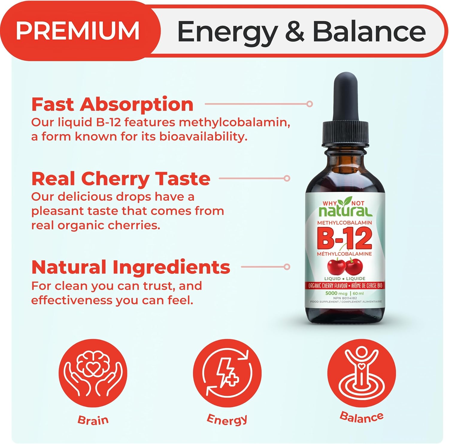 Detalle 2 de Why Not Natural B12102 Organic Liquid Vitamin B12, 5,000 mcg, Cherry Flavour