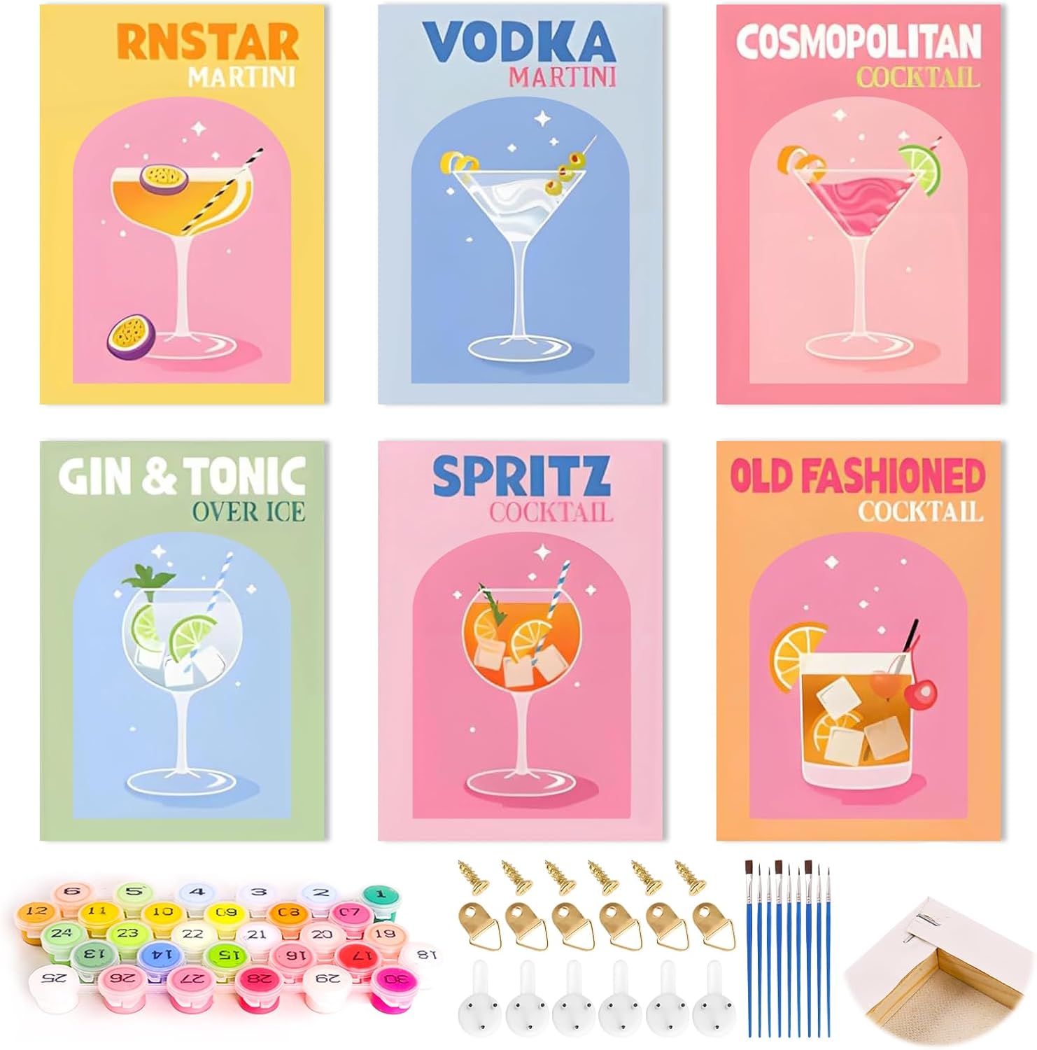 Detalle de Connextion måla efter siffror, 6-pack med cocktailmotiv och dukar på 15 x 20 cm