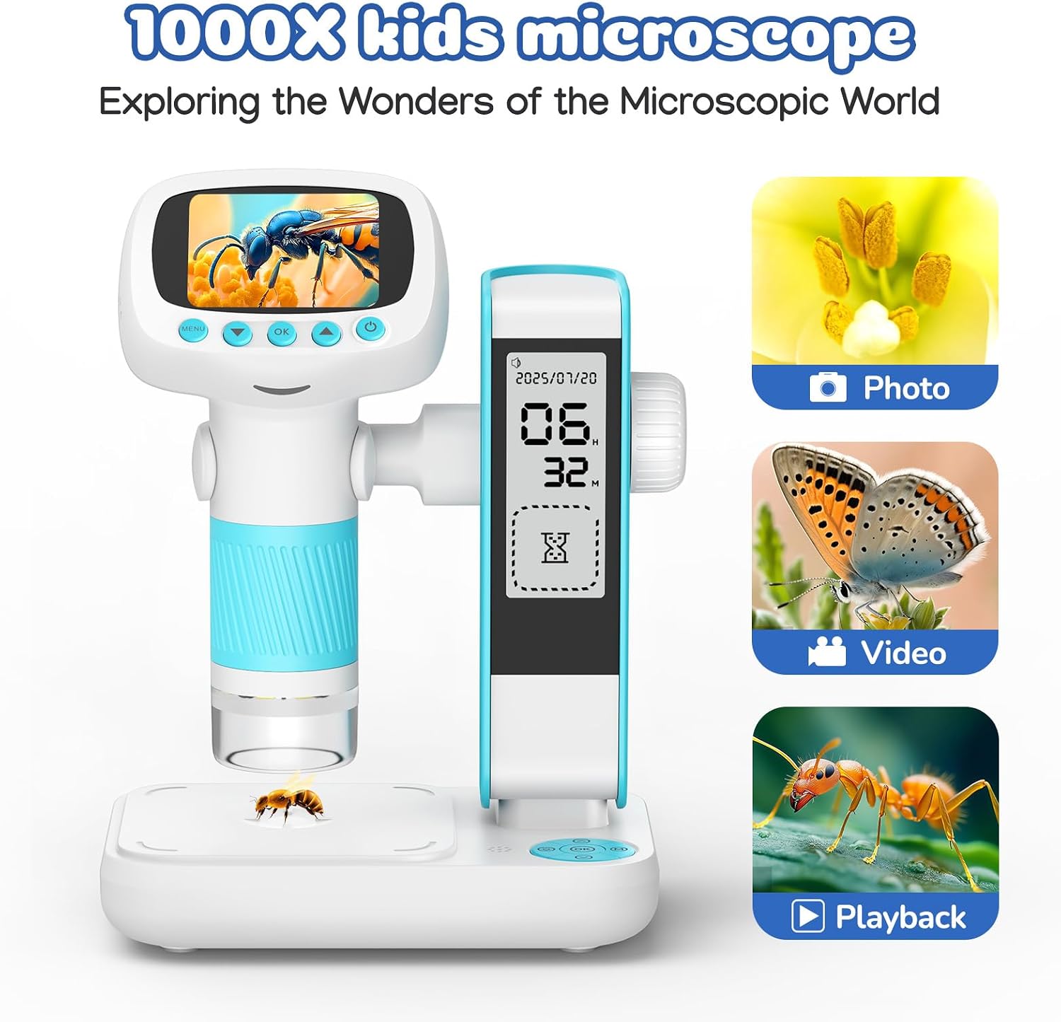 Detalle de 2 in 1 Microscope for Kids & Alarm Clock — 1000x Handheld Digital Microscope with 2" IPS Screen