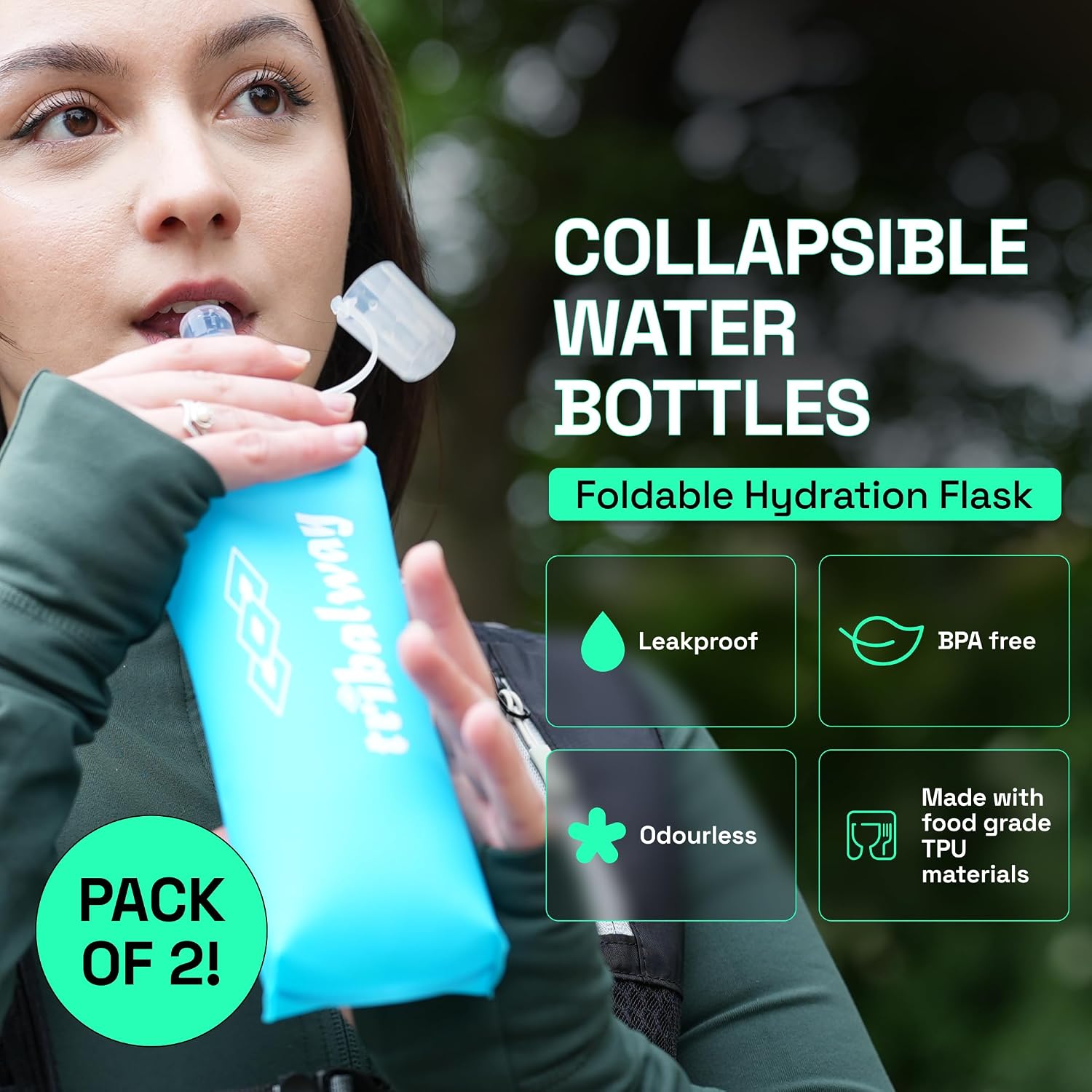 Thumbnail 1 de Tribalway 2 x 500ml Soft Flask water bottles (collapsible, leakproof, BPA-free) – Blue