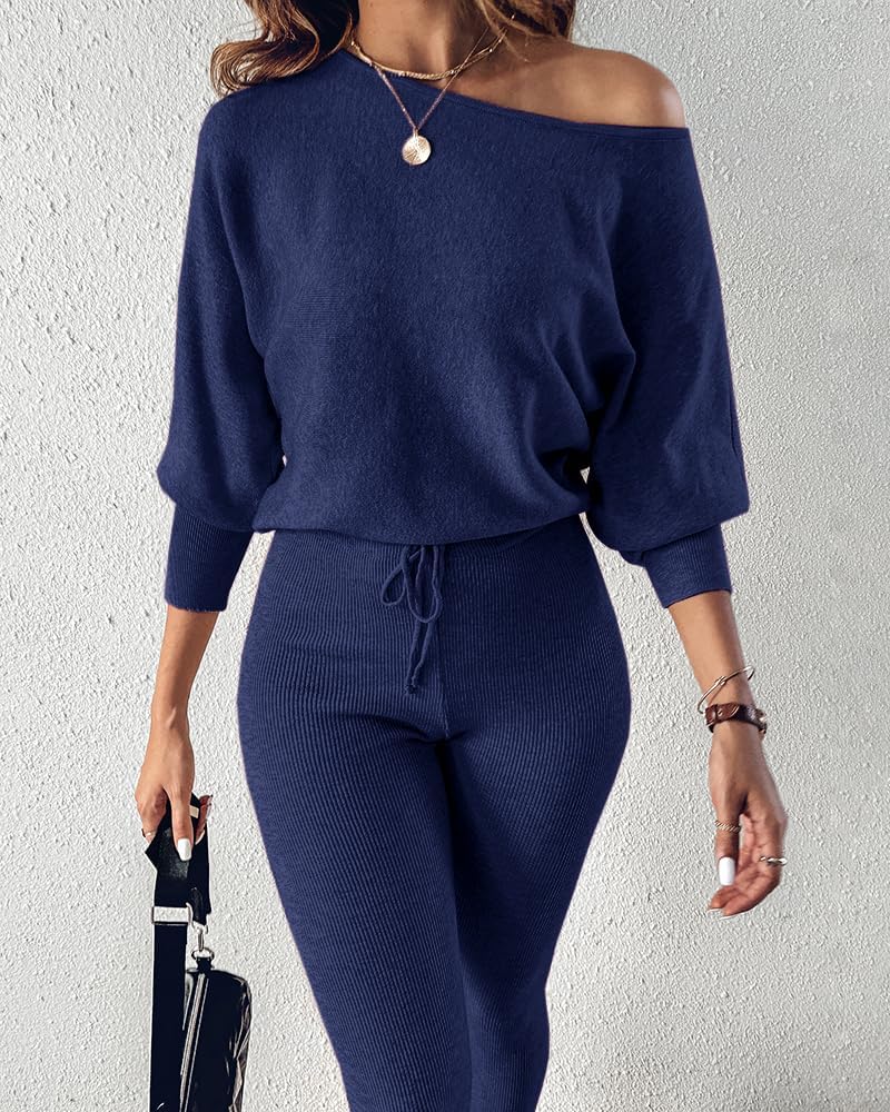 Detalle 1 de CHICME Women's 2-Piece Knit Lounge Set with Batwing Top and Drawstring Pants