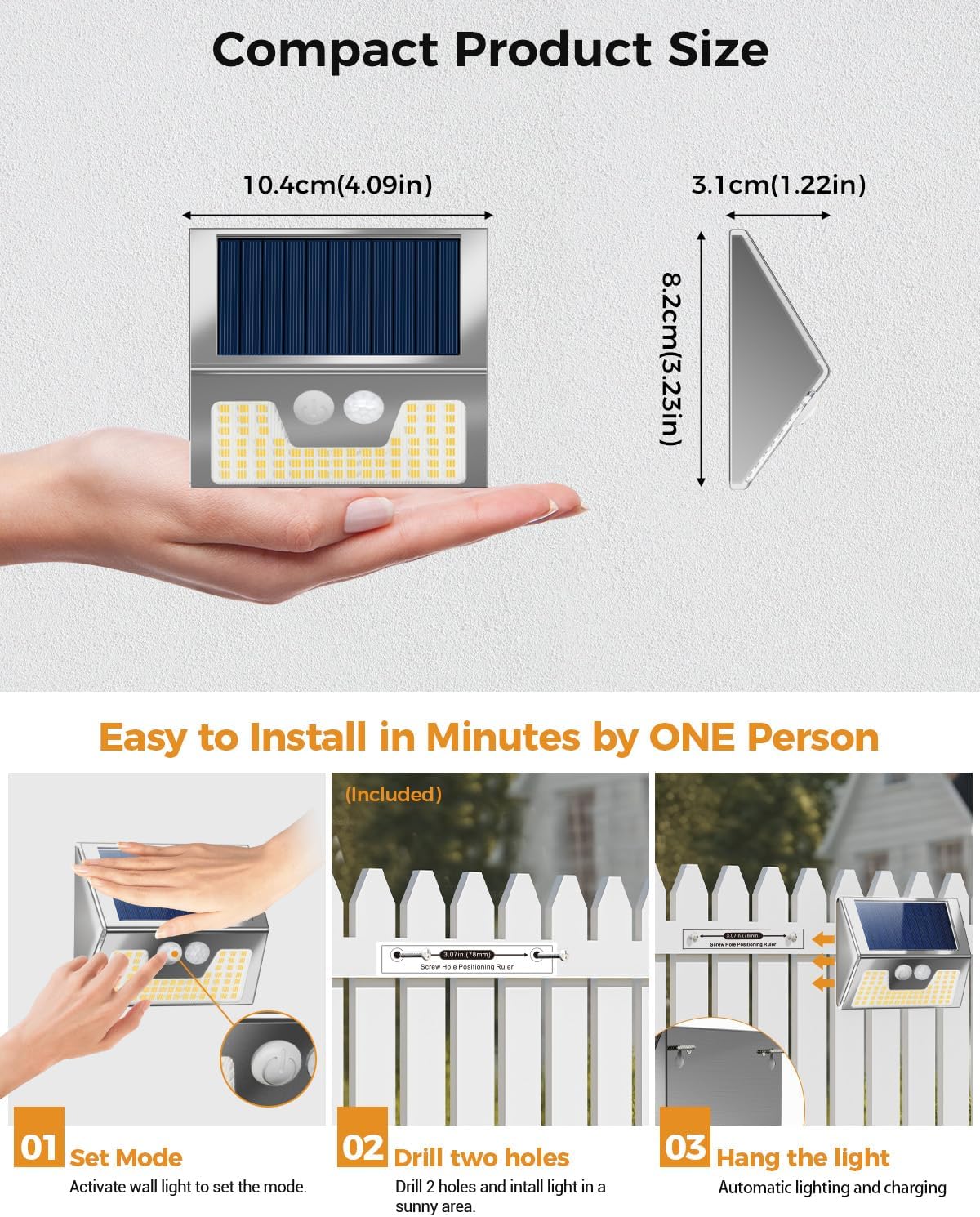 Thumbnail 6 de Vighep Solar Lights Outdoor Motion Sensor – 6 Pack, Stainless Steel, IP65 Waterproof, 3 Lighting Modes