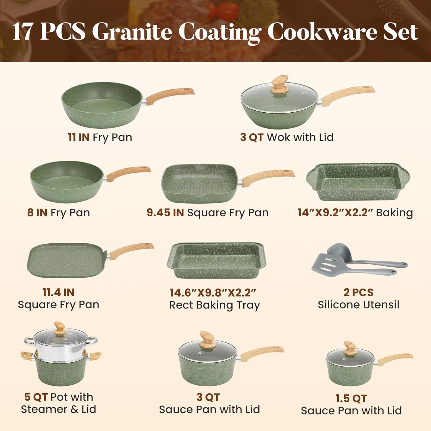 Thumbnail 6 de Kitchen Academy 17-Piece Induction Cookware Set with Griddle – Green Granite Nonstick, Healthy Cooking