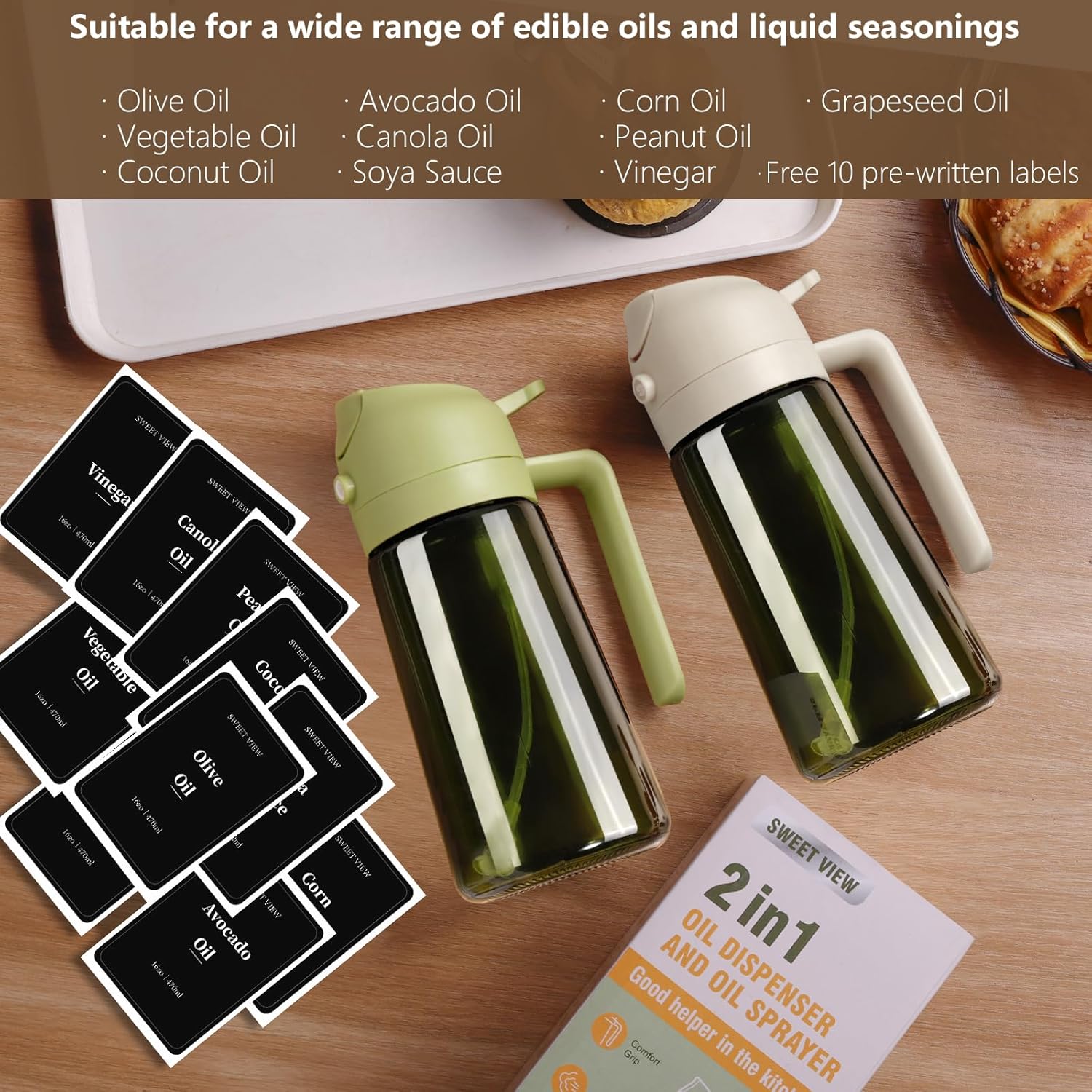 Thumbnail 6 de SWEET VIEW 2-Pcs Olive Oil Dispenser and Sprayer – 16oz Glass Light-Proof Pour Bottle