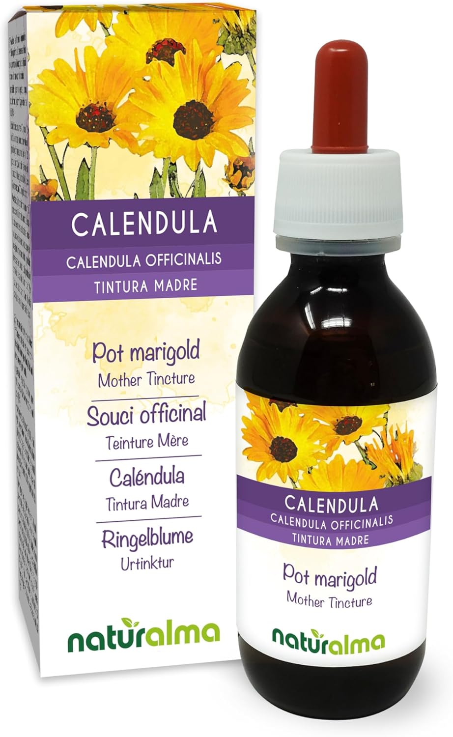 Detalle de Calendula officinalis capolini (fiori) Tintura Madre analcoolica Naturalma 120 ml – Estratto liquido gocce, vegano