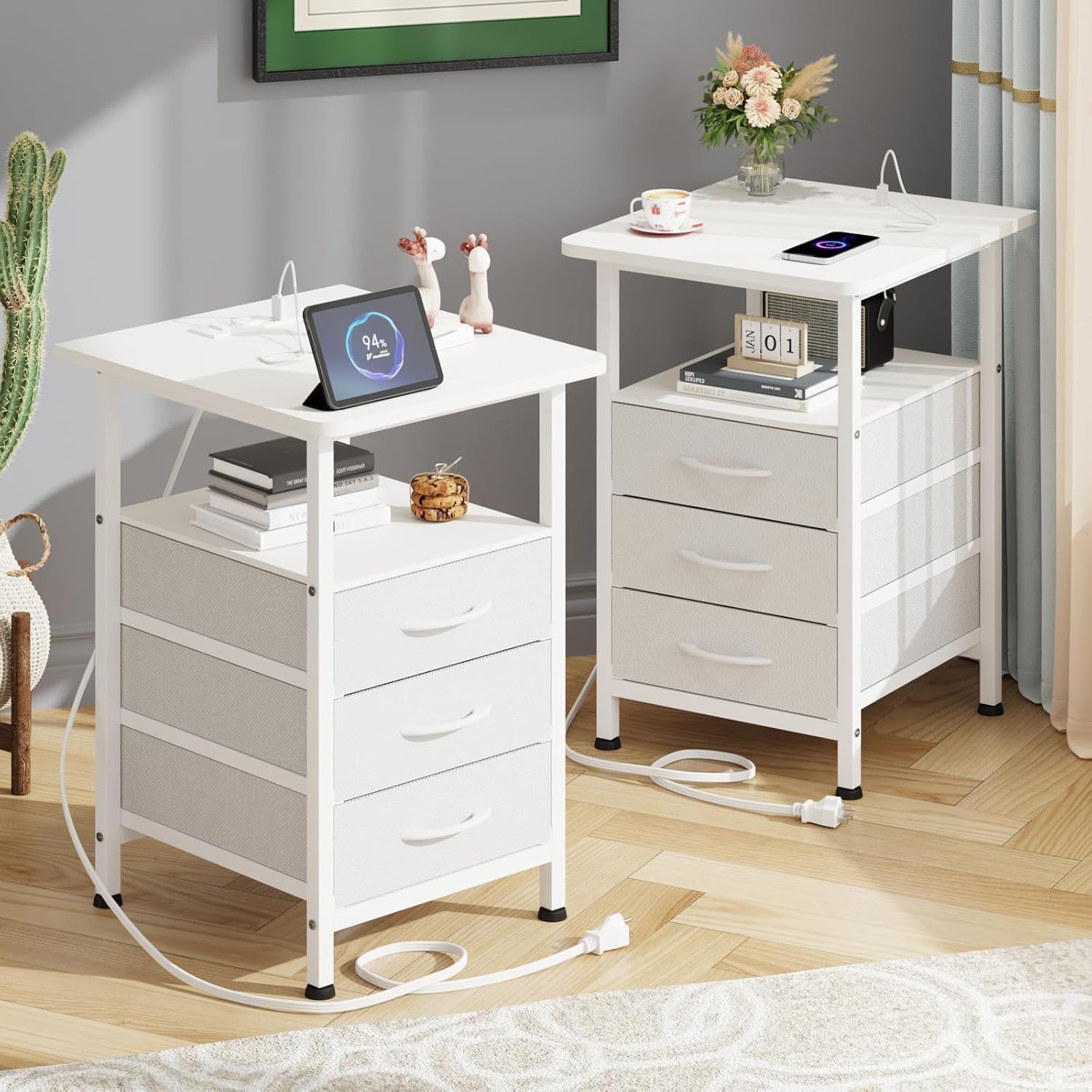 Thumbnail 6 de GYIIYUO Night Stand Set 2 with 19" x 15" Tabletop, 3 Drawers & Charging Ports