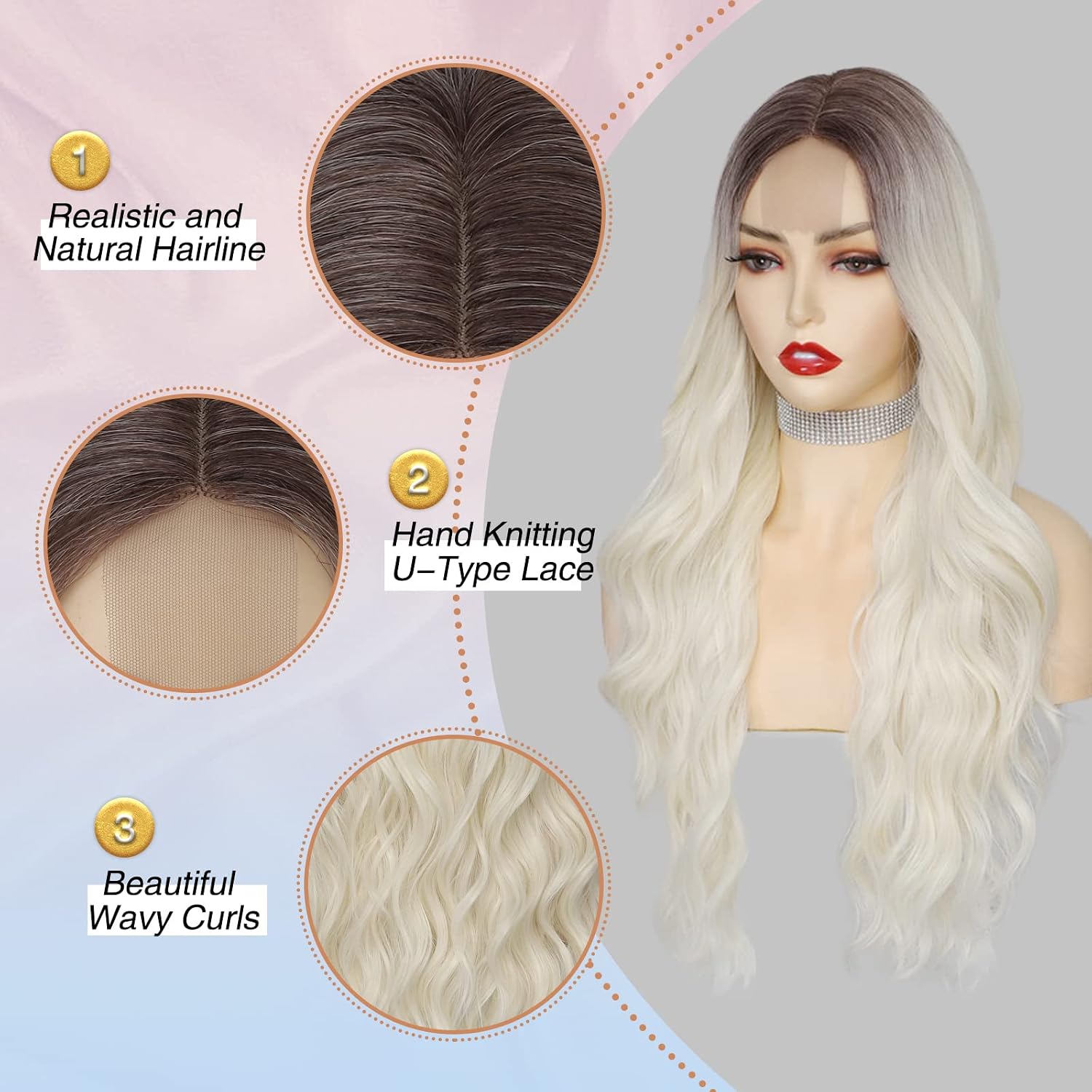 Detalle 2 de NAYOO 229236 26-Inch Long Wavy Blonde Wig with Dark Roots