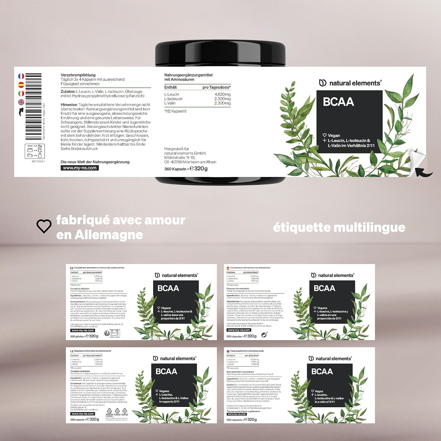 Detalle de BCAA – 360 petites gélules (leucine, isoleucine, valine) véganes – hautement dosées