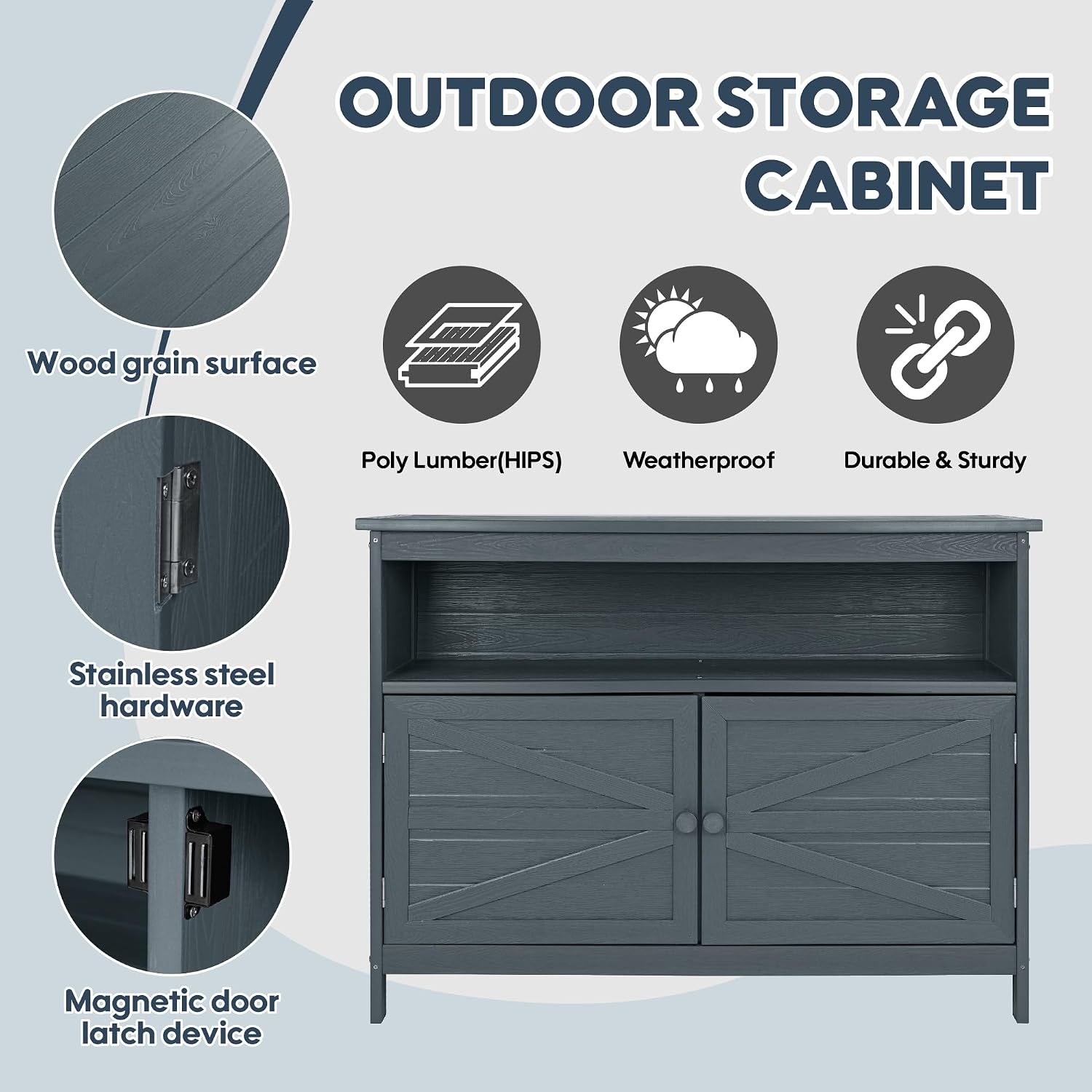 Detalle de Congfutt HIPS Outdoor Storage Cabinet, Gray, Magnetic Doors, 3 Shelves