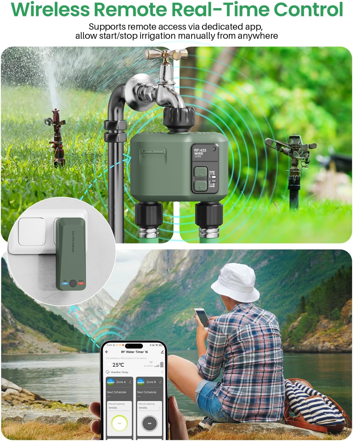 Detalle 2 de WiFi Water Timer 2 Zone for Garden Hose – Smart Sprinkler Controller with 984ft RF Range