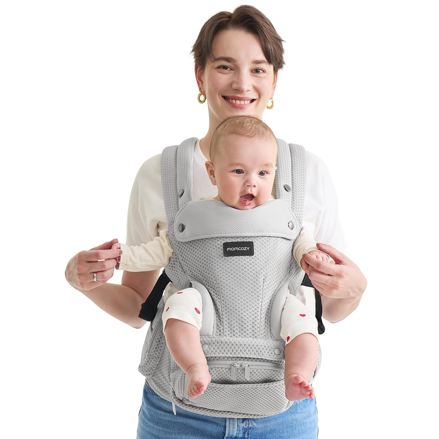 Momcozy Babytrage mit Hüftkissen 2-in-1 – Grau, bis 20 kg, 6 Tragepositionen