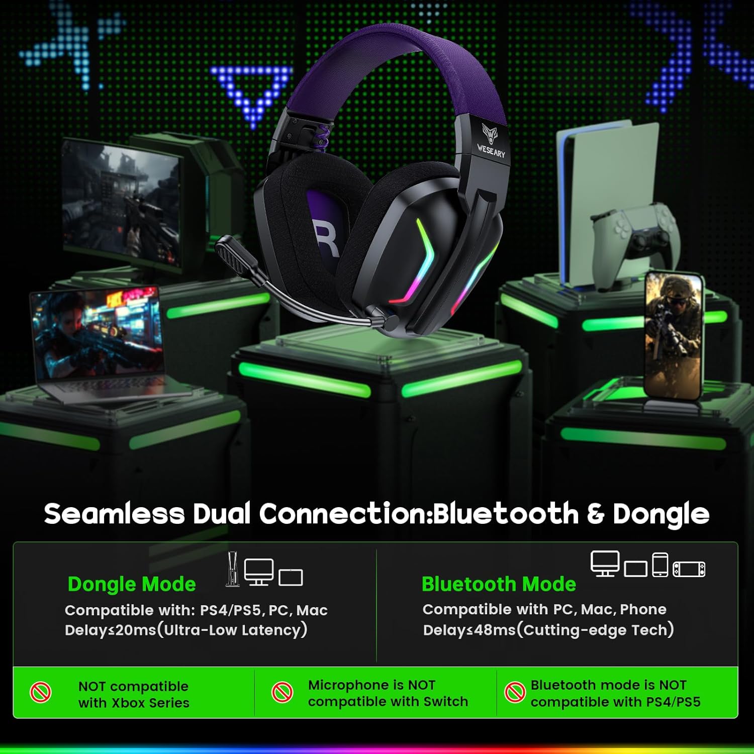 Thumbnail 1 de WESEARY WG1: Wireless Gaming Headset mit 2,4G Dongle, Bluetooth & langer Akkulaufzeit