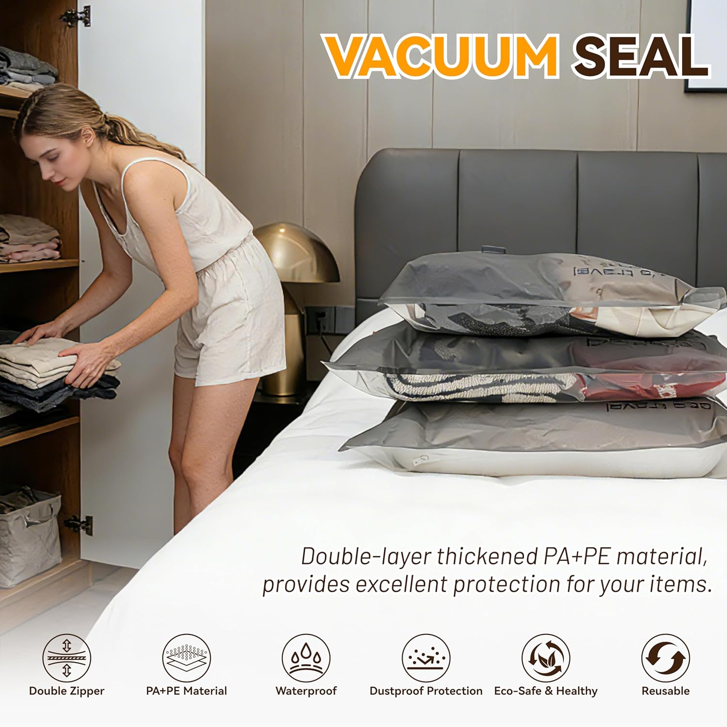 Thumbnail 2 de VACKFOX travel vacuum storage bags with rechargeable cordless pump (9-pack) for clothes, pillows and comforters