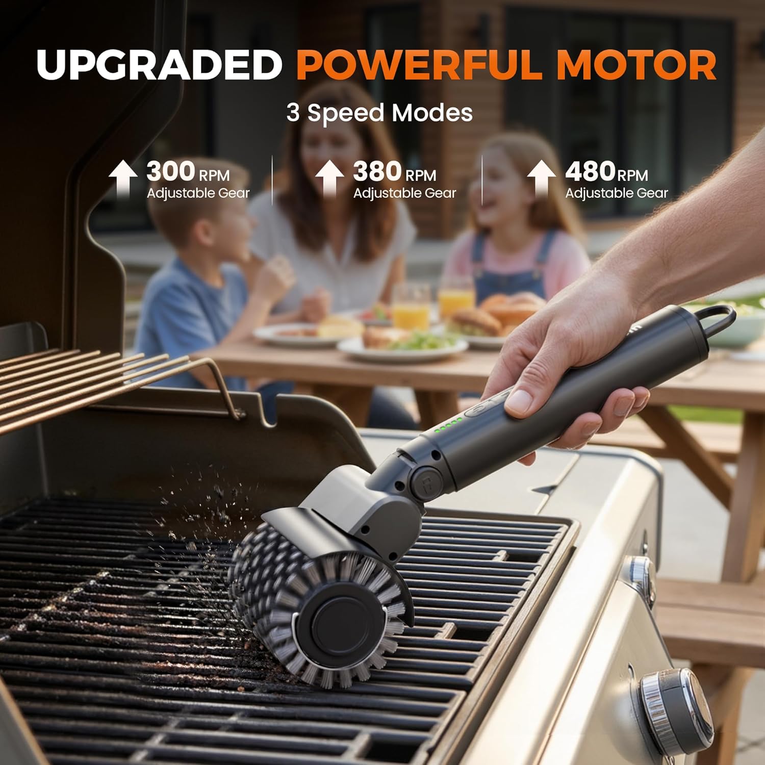 Detalle de Leebein cordless electric grill brush with 3-speed rotating heads and 150-minute runtime