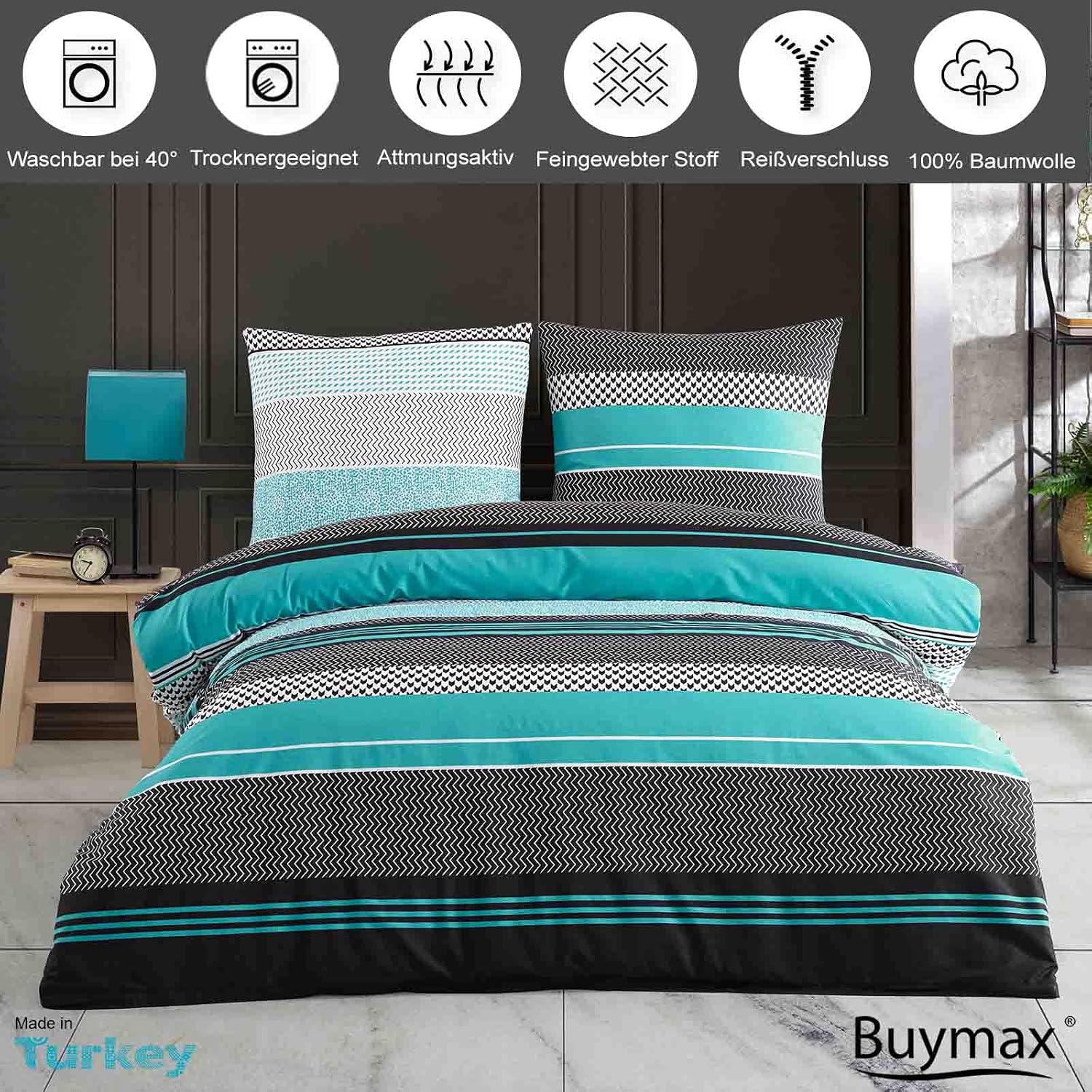 Detalle de Buymax Bettwäsche 135x200 cm 4-teilig – Renforcé Baumwolle, 2 Bettbezüge 135x200 cm + 2 Kissenbezüge 80x80 cm