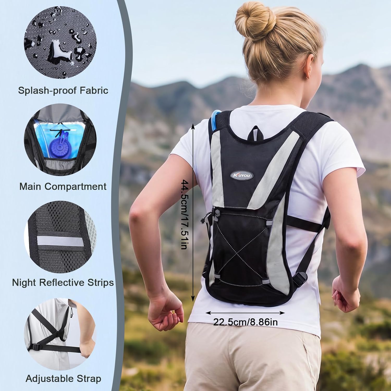 Detalle 2 de KUYOU Running Hydration Vest (2L Hydration Bladder) Lightweight Insulated Water Backpack for Running, Hiking, Cycling