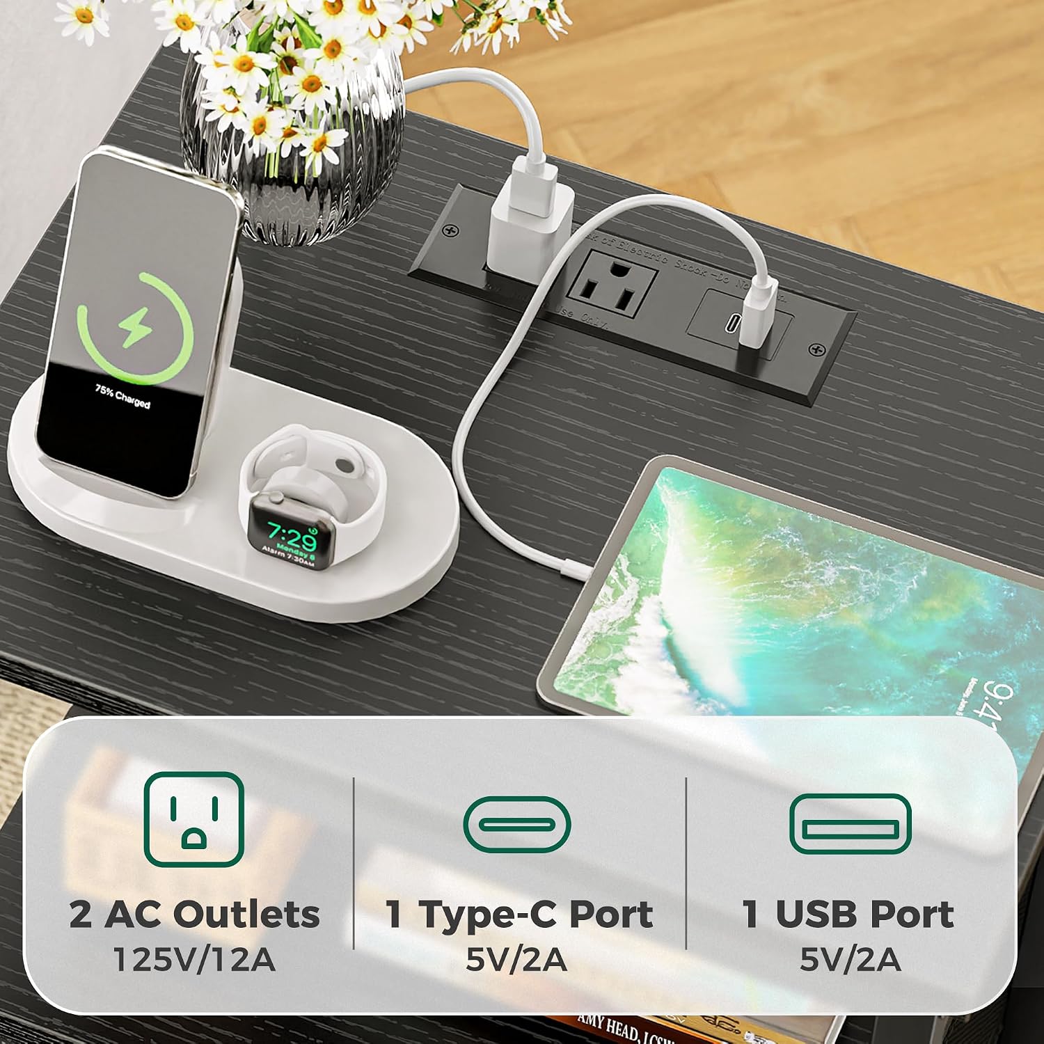 Detalle 2 de Huuger Nightstand with Charging Station, 4 Fabric Drawers and Open Shelf
