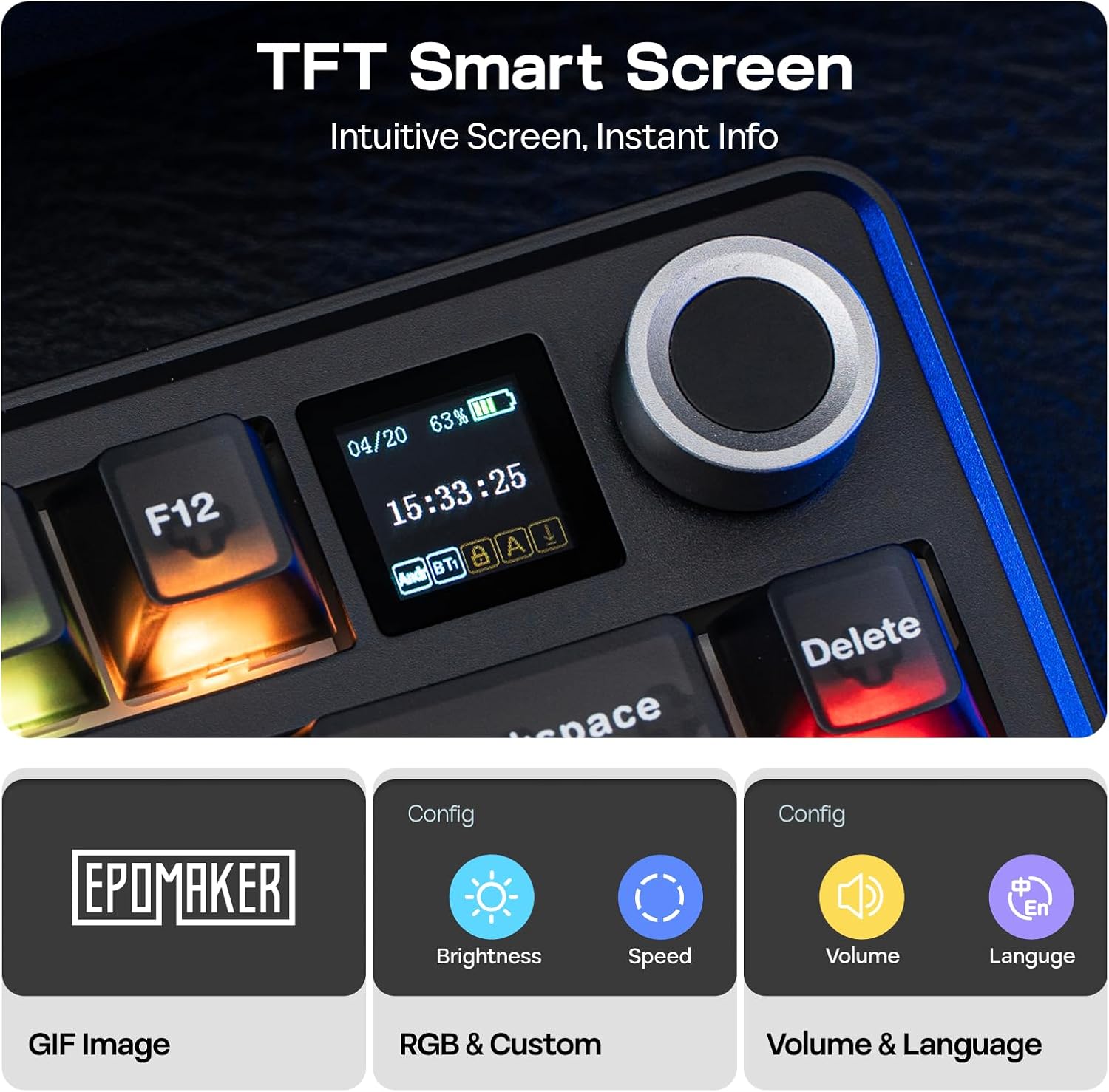 Detalle 2 de EPOMAKER X Aula F75 MAX Wireless Mechanical Keyboard with TFT Screen and Knob (75% US Layout, Matte Black, Reaper Switch)