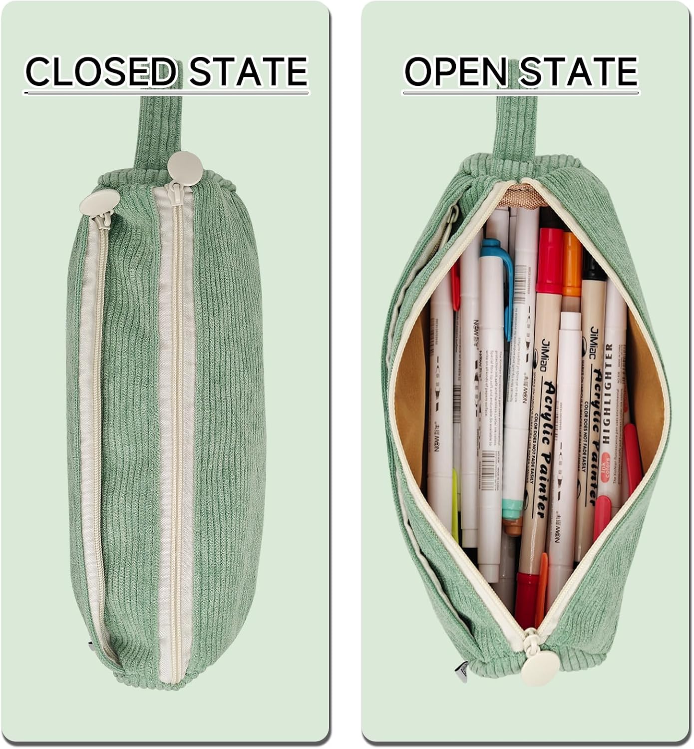 Detalle de Boziee Federmäppchen aus Cord-Stoff (Grün) – Stiftetasche mit Doppelreißverschluss für Schule & Büro